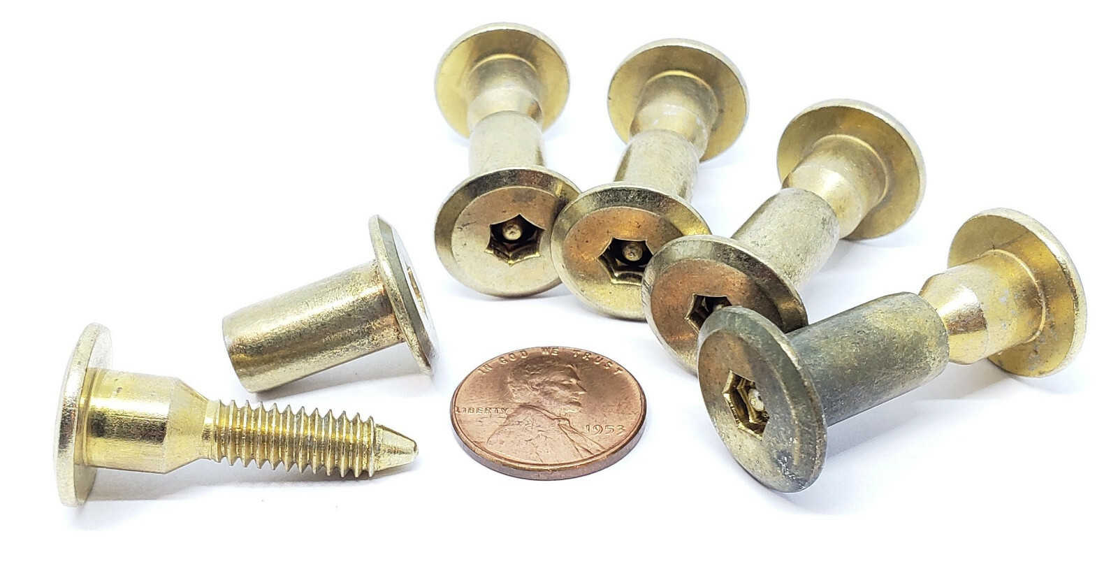 5 Sex Bolts – Brass Plated Steel – Through Hole Hex M6x1.25 – Flush Mount