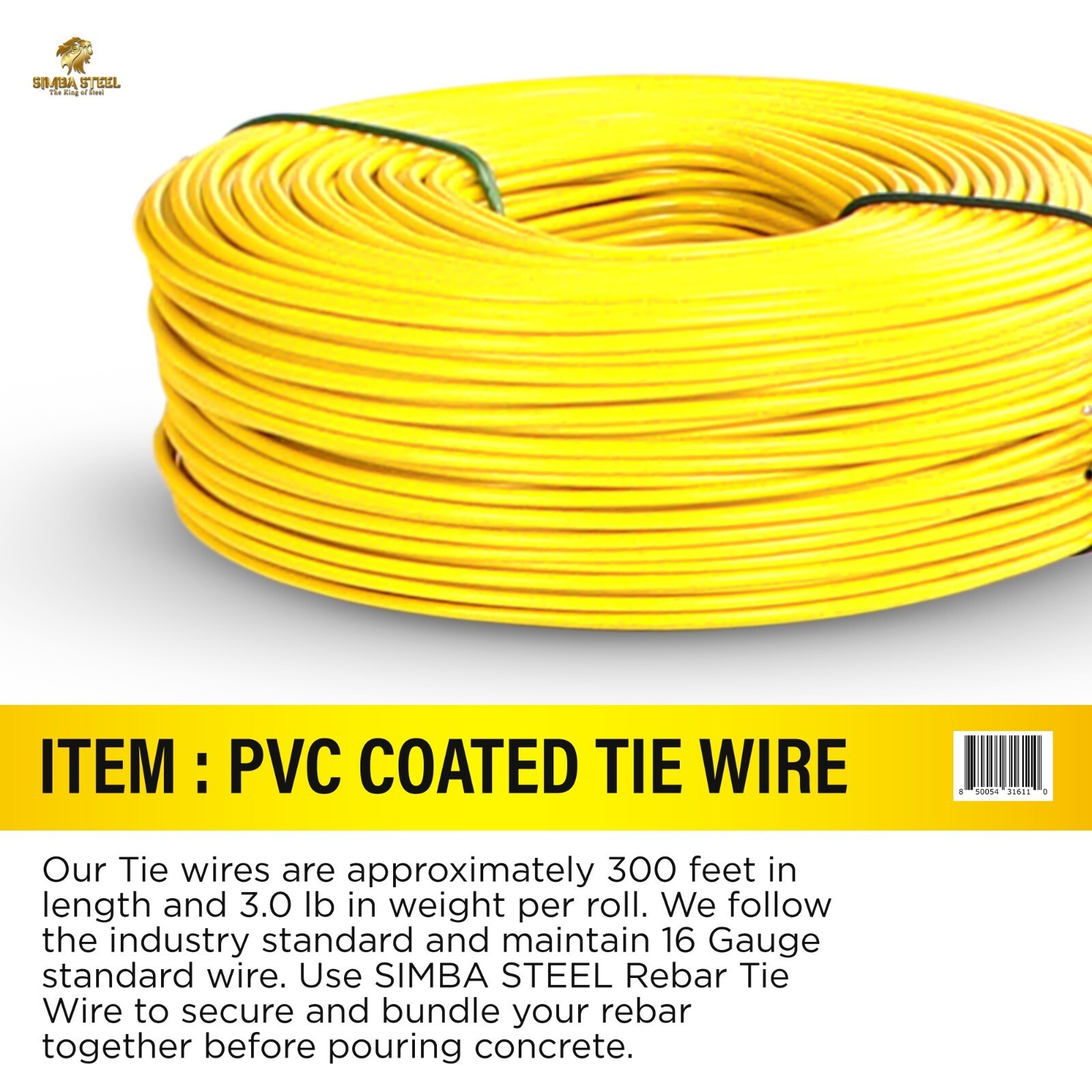 Rebar tie wire 16GA PVC yellow coated 5 rolls 3lb construction SIMBASTEEL