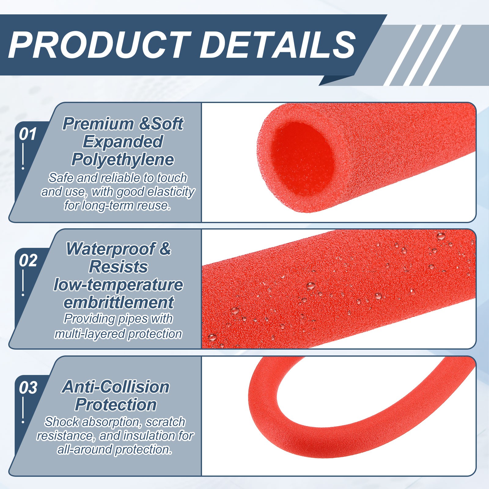2pcs 1-1/9″ ID 3.3FT Pipe Insulation Foam Tube 1.77″ OD Tubing Cover Red