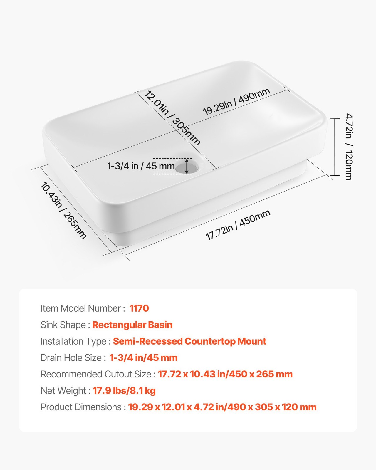 Semi Recessed Bathroom Sink, 19.29 x 12.01 Inch Rectangular White Ceramic Vessel