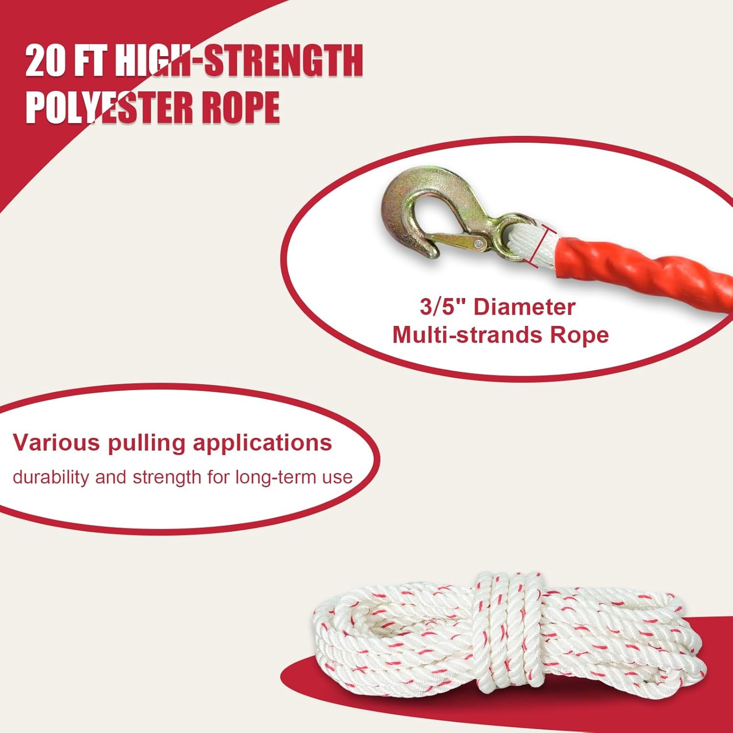 YATOINTO Rope Puller 1-1/2 Ton 3300 lbs Capacity with 20′ of 0.6″ Diameter Rope