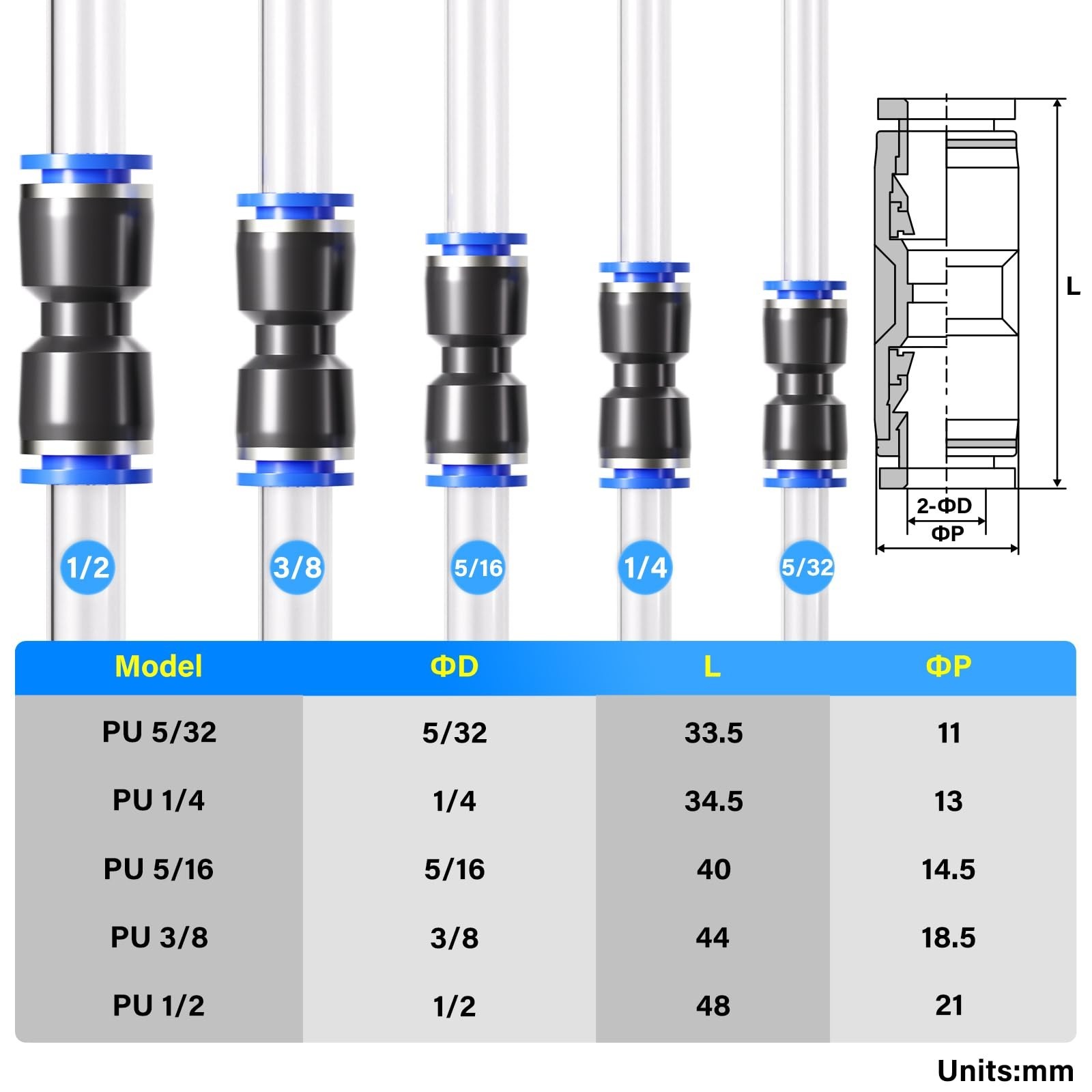 50 pcs Pneumatic Straight Push Connectors Quick Release Air Line Fittings 5/32″-
