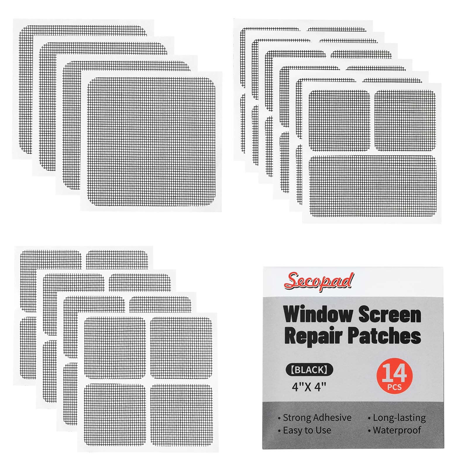 Secopad 14 Sheets Window Screen Patches Repair 4 inches x 4 inches, Black