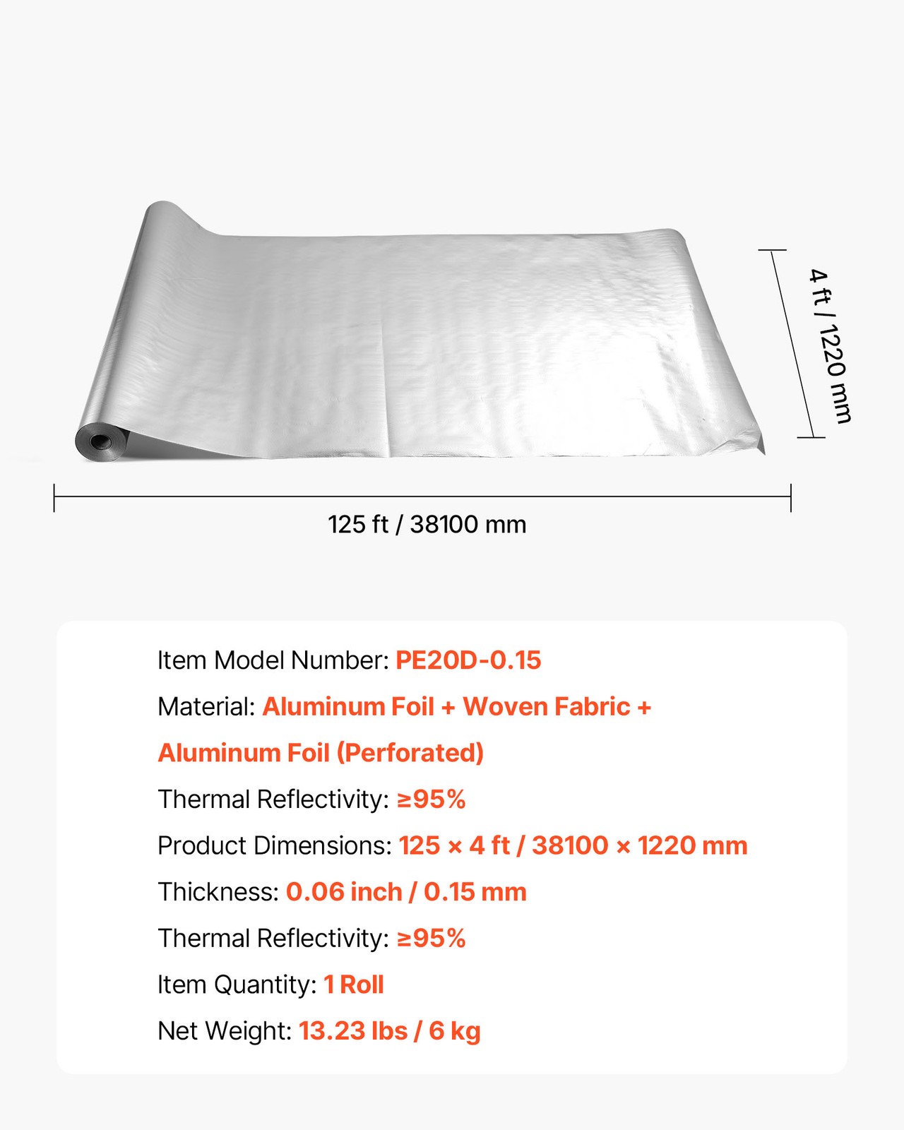 VEVOR Double Reflective Insulation Roll Perforated Radiant Barrier 48in x 125ft