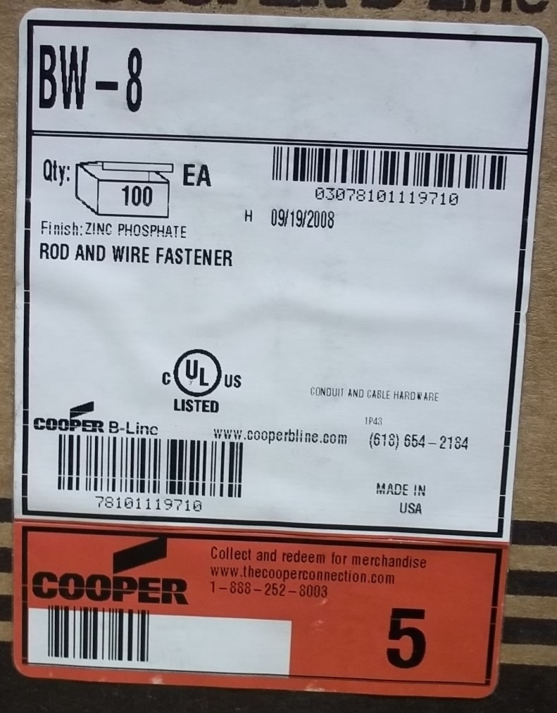 Cooper B-Line BW-8 Rod and Wire Fasteners Box of 100
