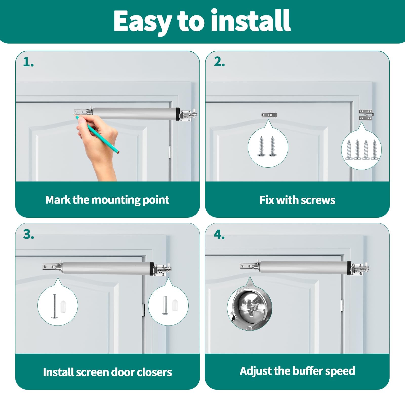 2 PCS Silver Heavy Duty Pneumatic Screen Storm Door Closer Button Latch Kit