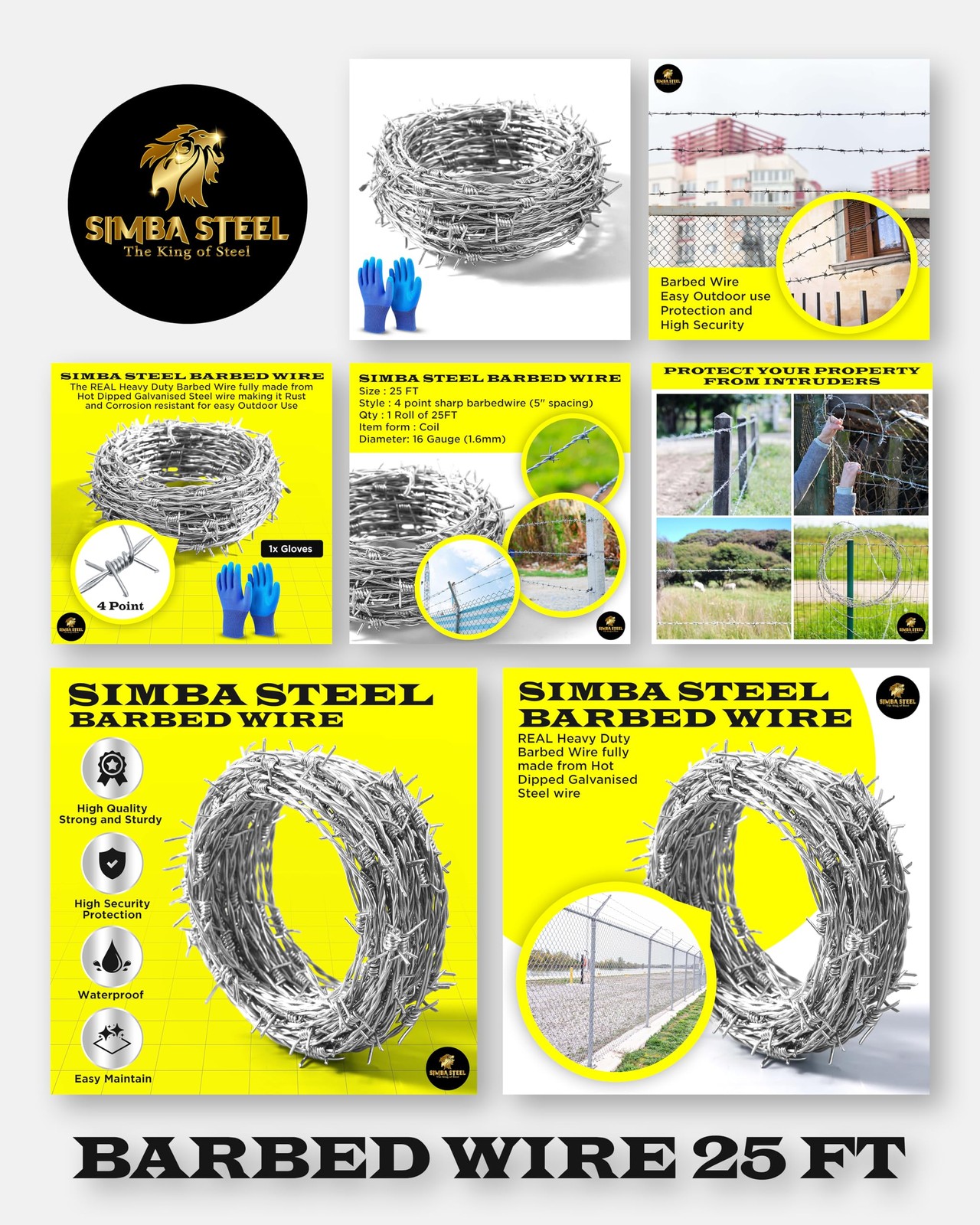 25 FT Roll of Real Barbed Wire Fence | 4 Point | 16 Gauge 25 FT, Silver