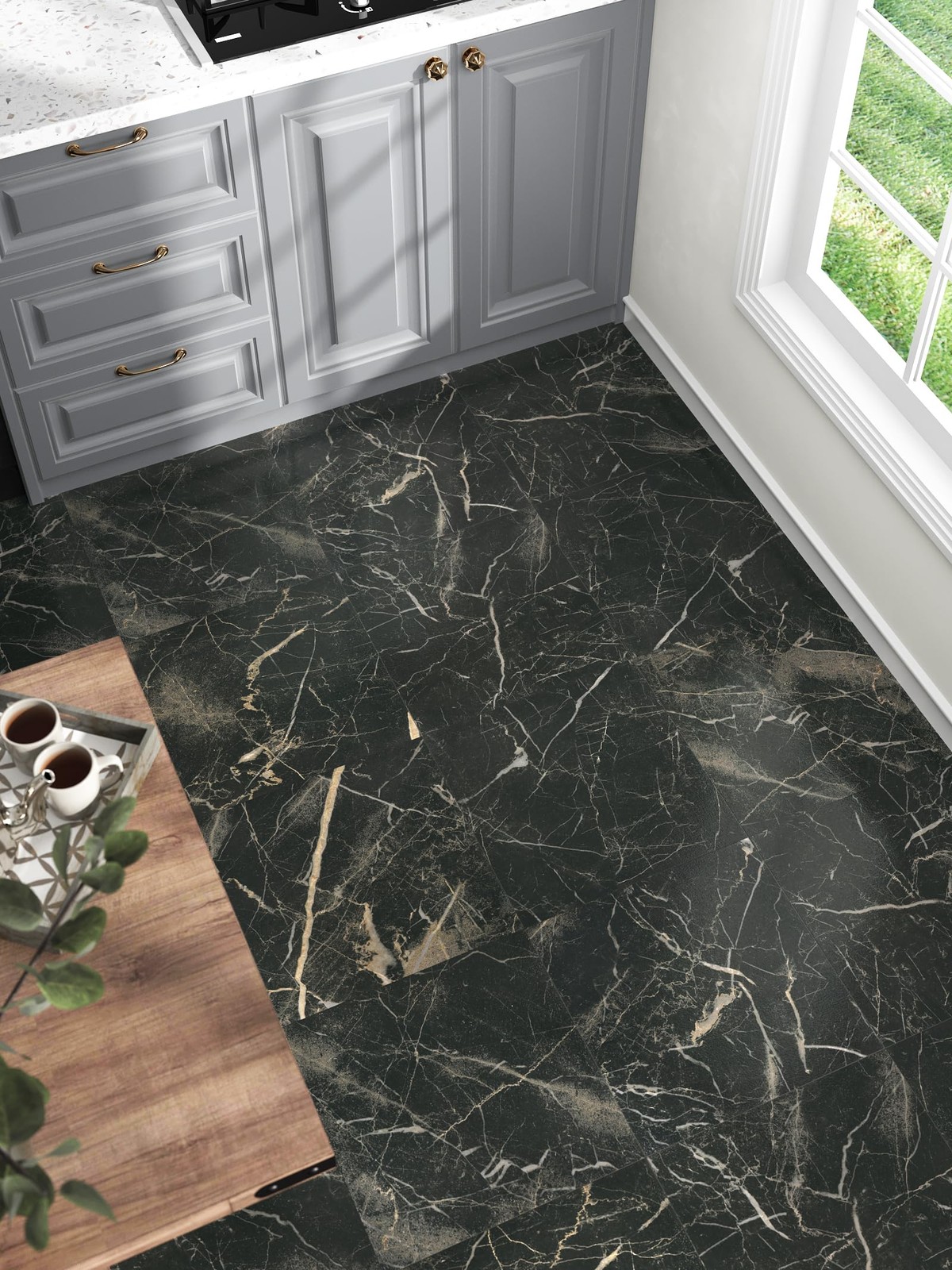Wallderful Marble Peel and Stick Floor Tile Black 12″x12″x0.06″, Gold