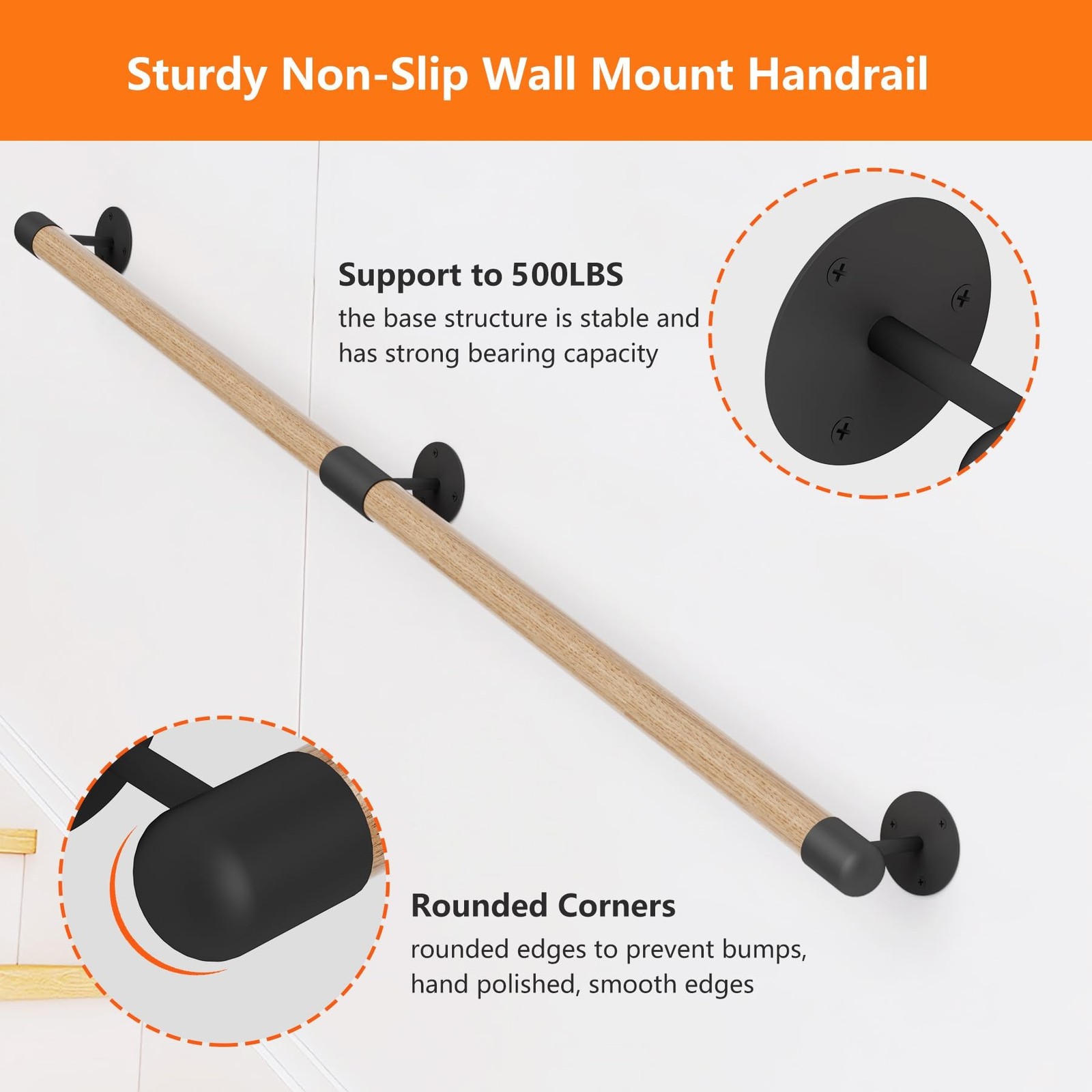 5FT Round Wooden Stair Handrail,Indoor Staircase Handrail,Wall Mount Support …