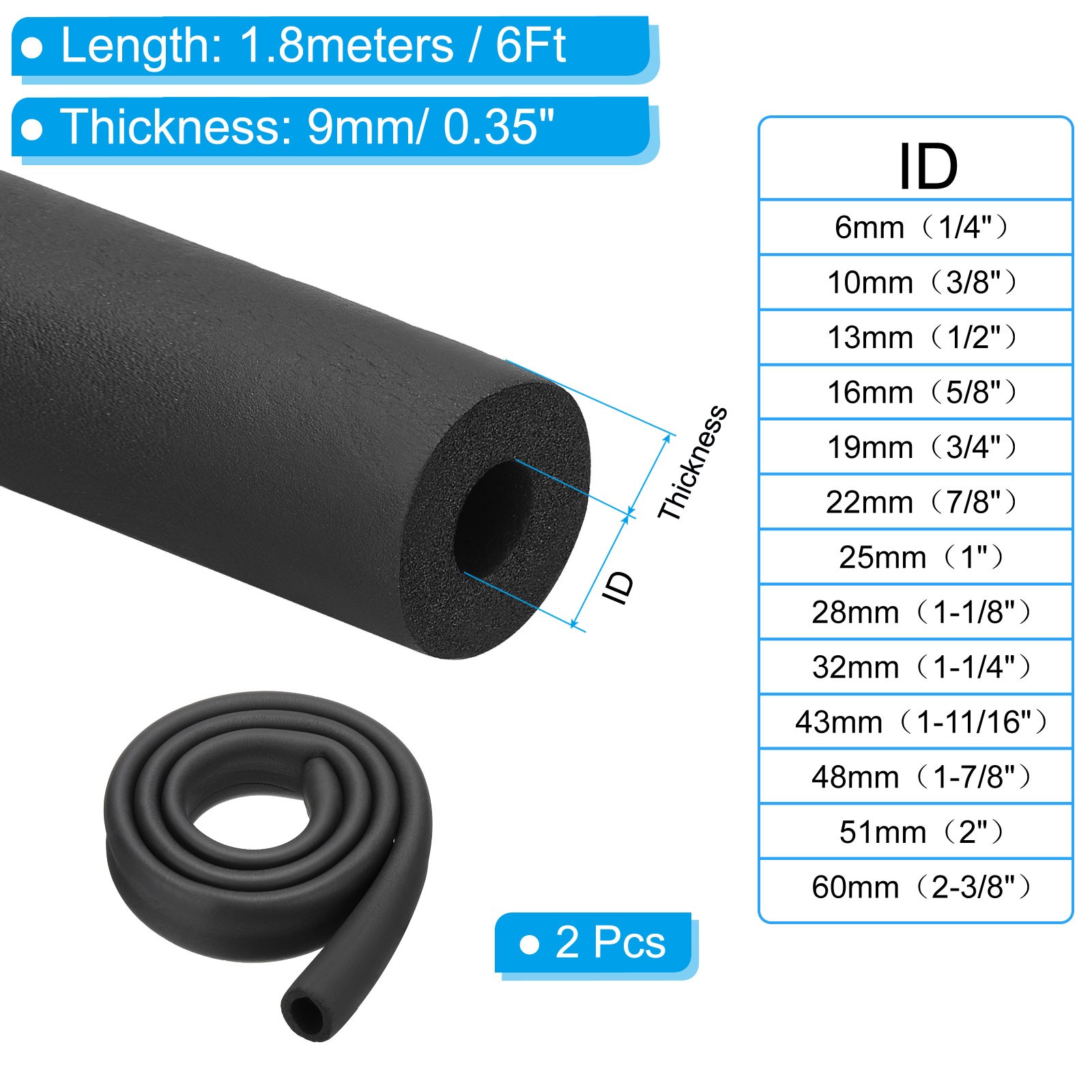 2pcs, 1-1/4″(32mm) ID x 6Ft Pipe Insulation Foam Tube