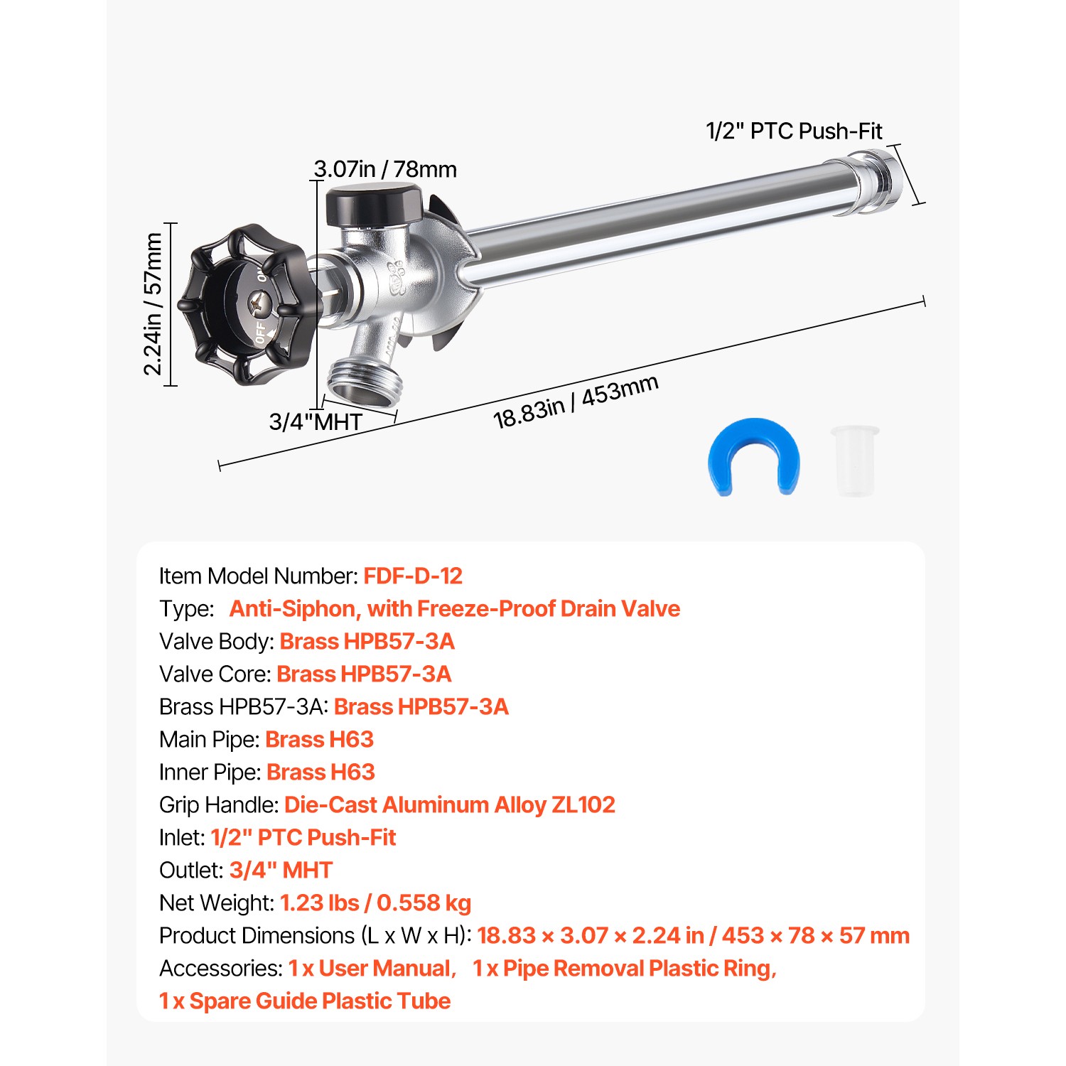 12 in Frost-Free Sillcock 1/2″ PTC x 3/4″ MHT Hose Bibb Anti-Siphon Valve