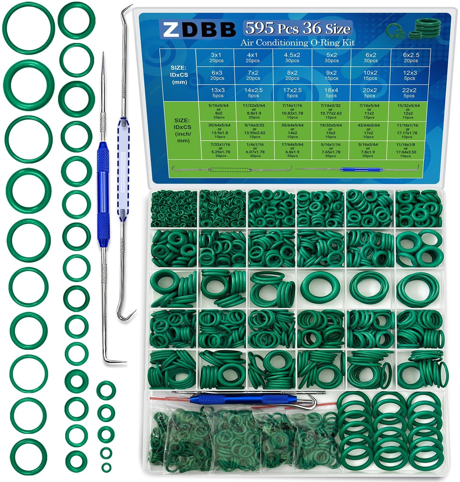 595 Pcs Automotive AC O Rings Kit, SAE and Metric Air Conditioning Orings Assort