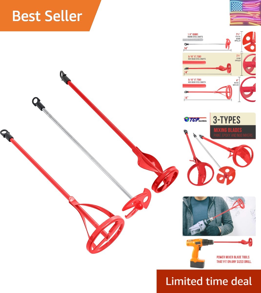 Paint Mixer Attachment Set of 3 – 14″ Drill Paddle Mixer with 3/8″ & 5/16″ He…