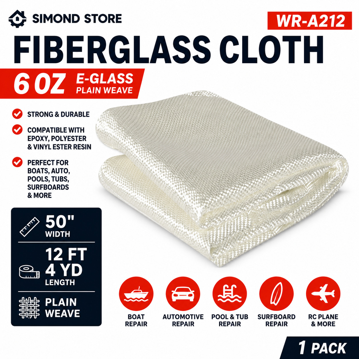 Simond Store 6 oz E-Glass Fiberglass Cloth 50 in x 12 ft Plain Weave Fabric