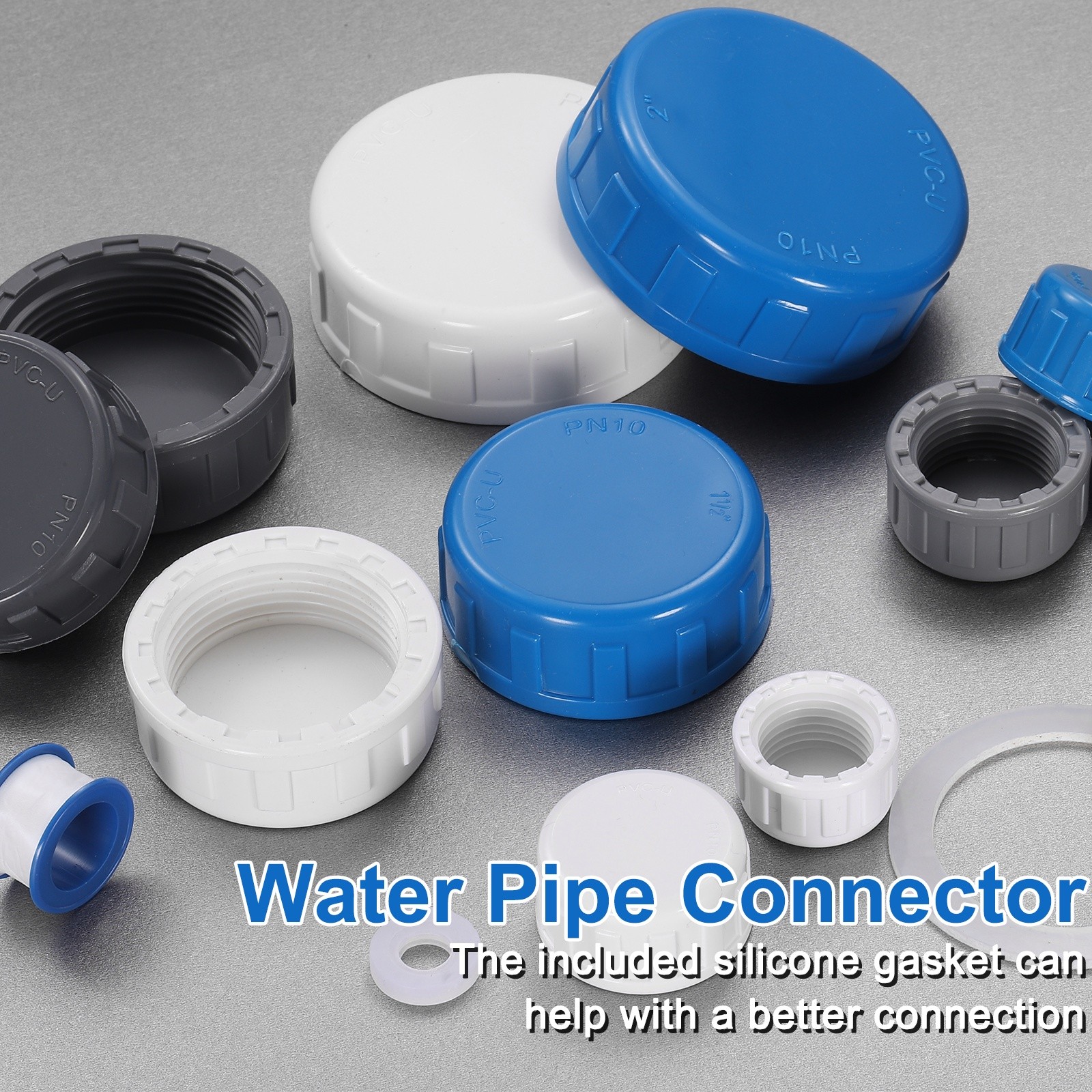 5Pcs 1-1/2 Inch PT Female Thread PVC Pipe Fitting Cap with Gasket Blue