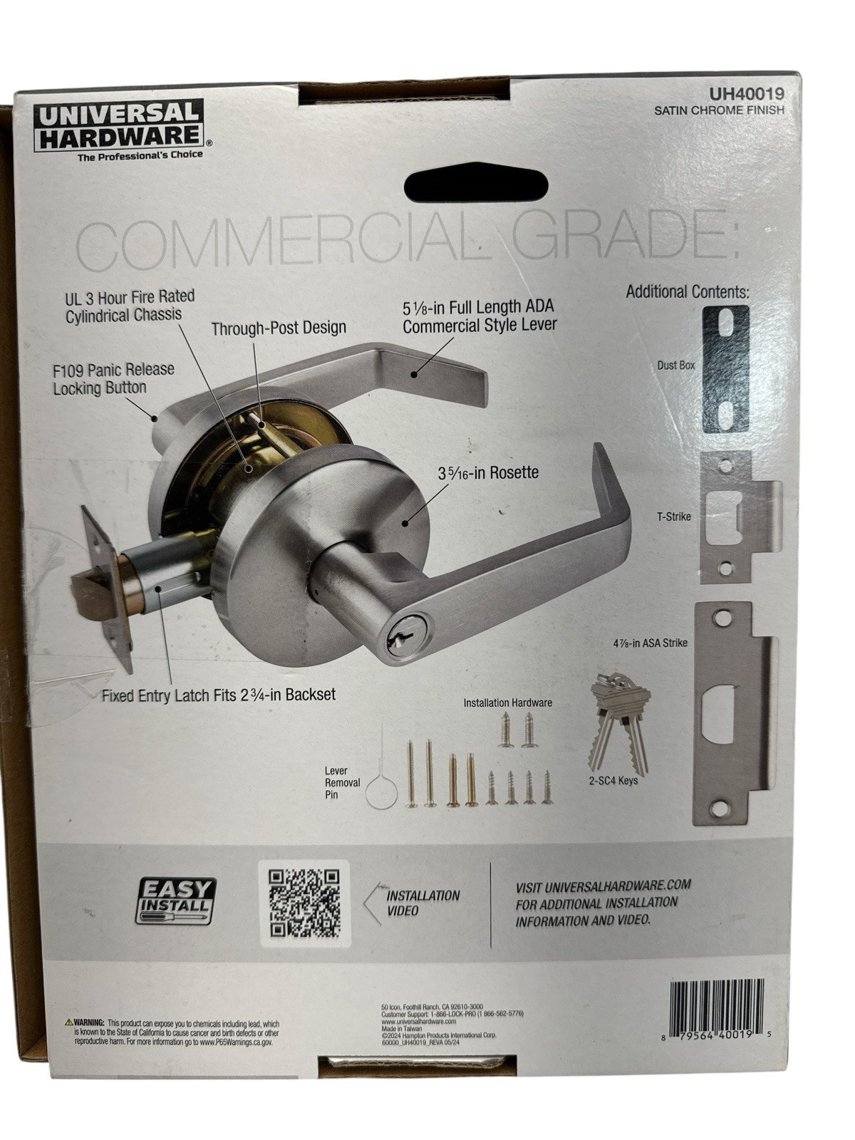 Commercial Flat Lever Keyed Entry Satin Chrome UH40019 Universal Hardware (OB)