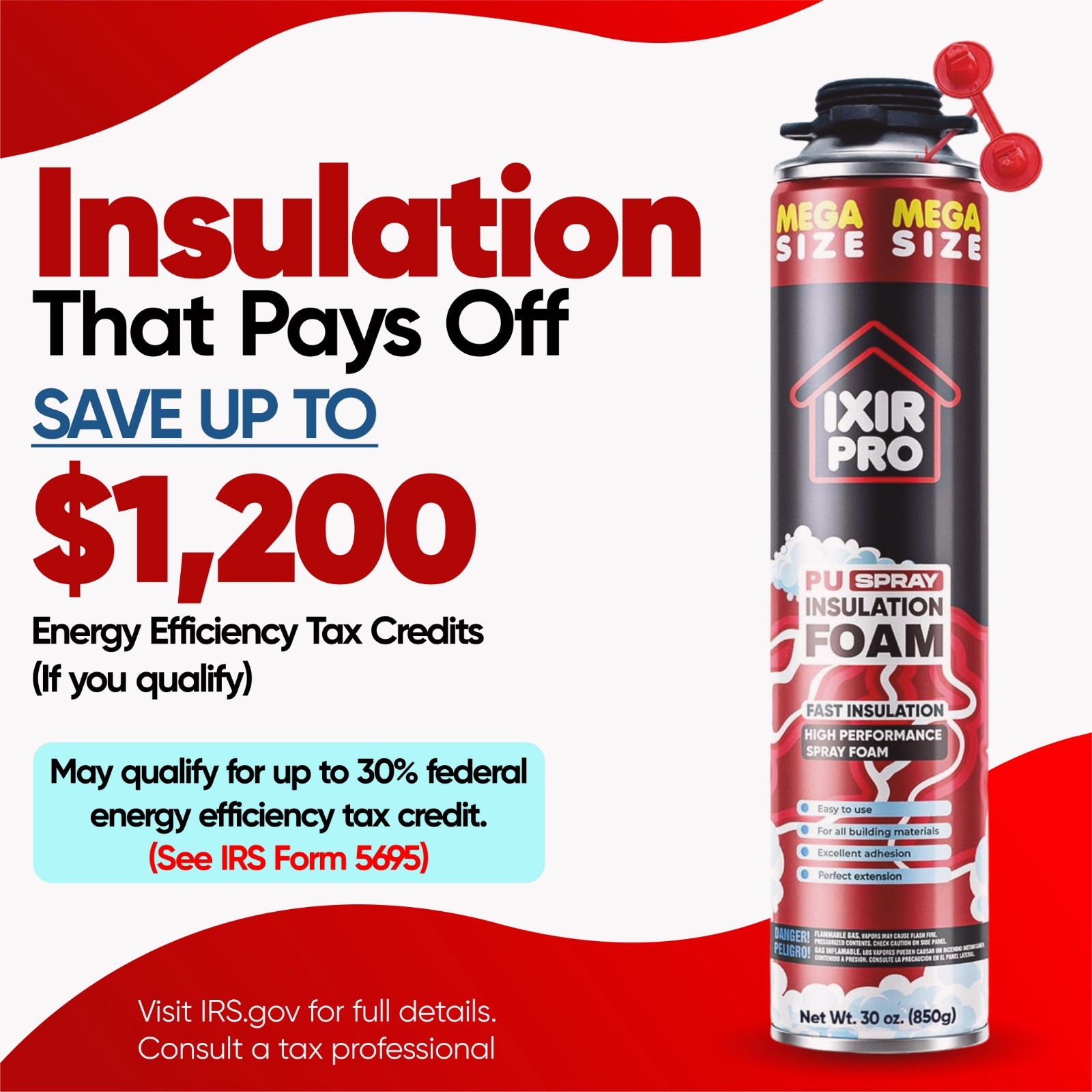 Spray Foam Insulation Can (18 x 30 oz. / 850 g) Expanding Sealant, High Density
