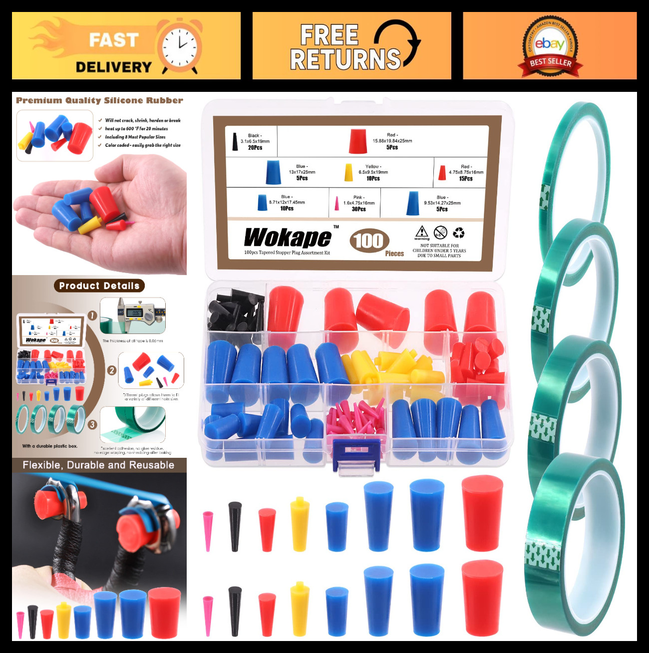 105Pcs Powder Coating Plug Kit & PET Tape, High Temp Silicone Tapered Plugs for