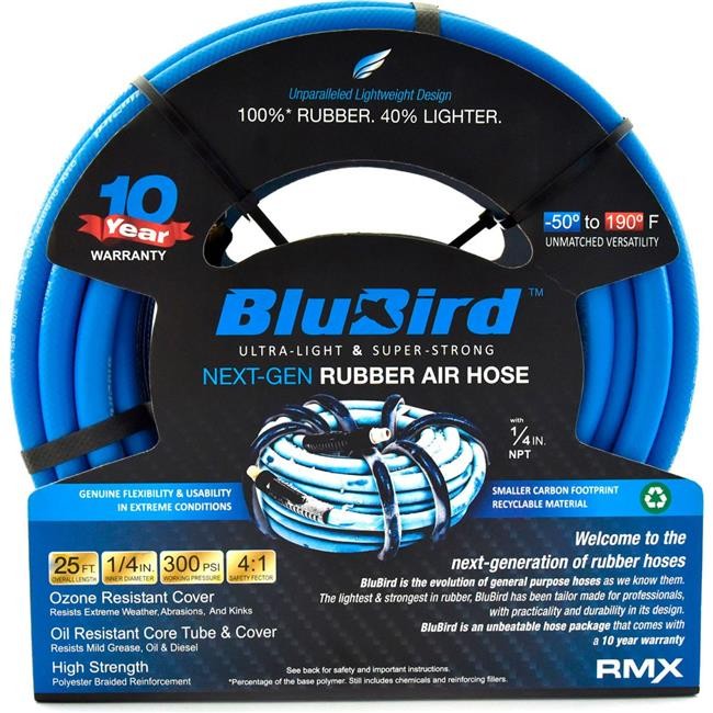 Blubird Industries B3178856 Rubber Air Hose Assembly – 0.25 in. x 25 ft. – Blue