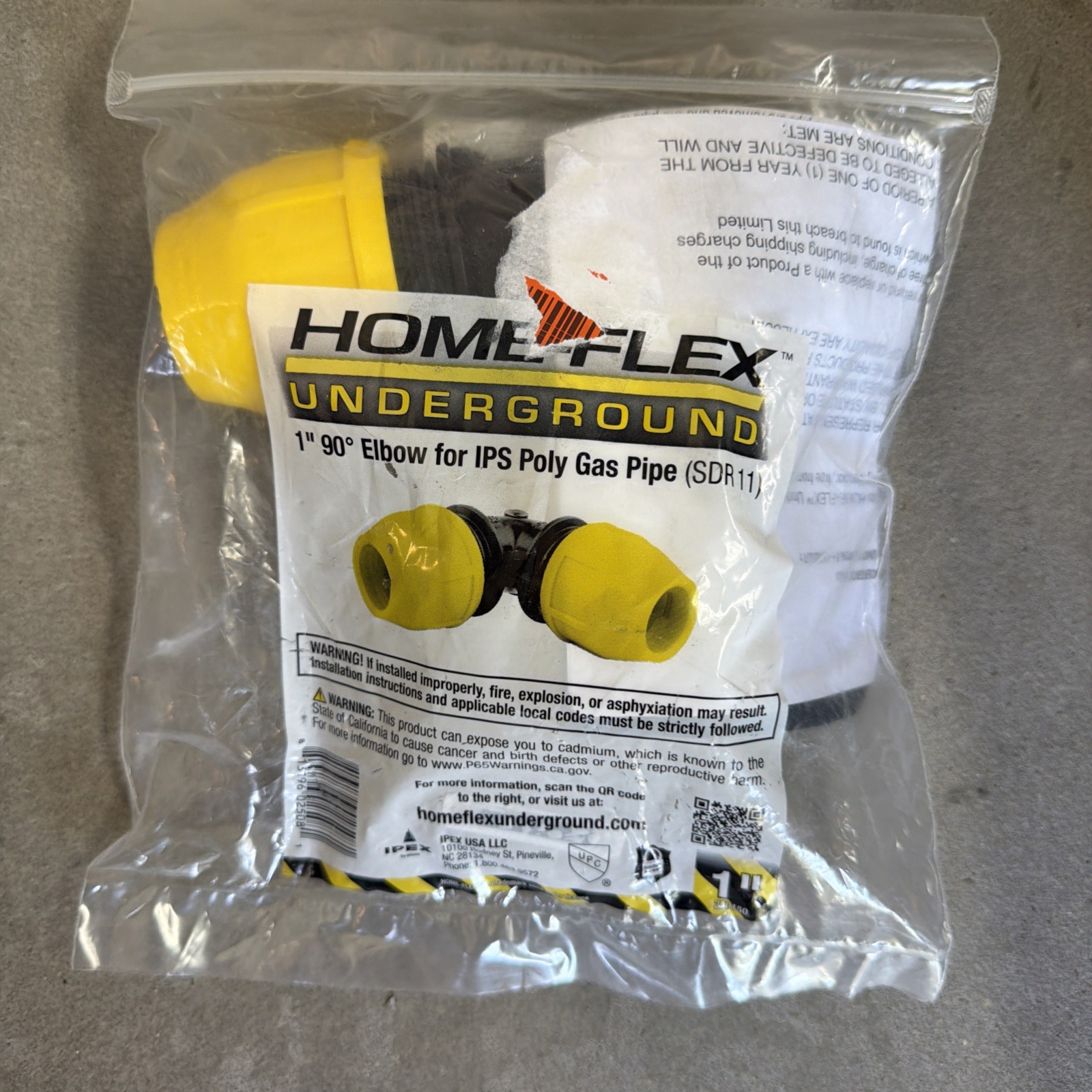 HOME-FLEX 1” IPS SDR 11 Underground Yellow Poly Gas Pipe 90-Degree Elbow 250150