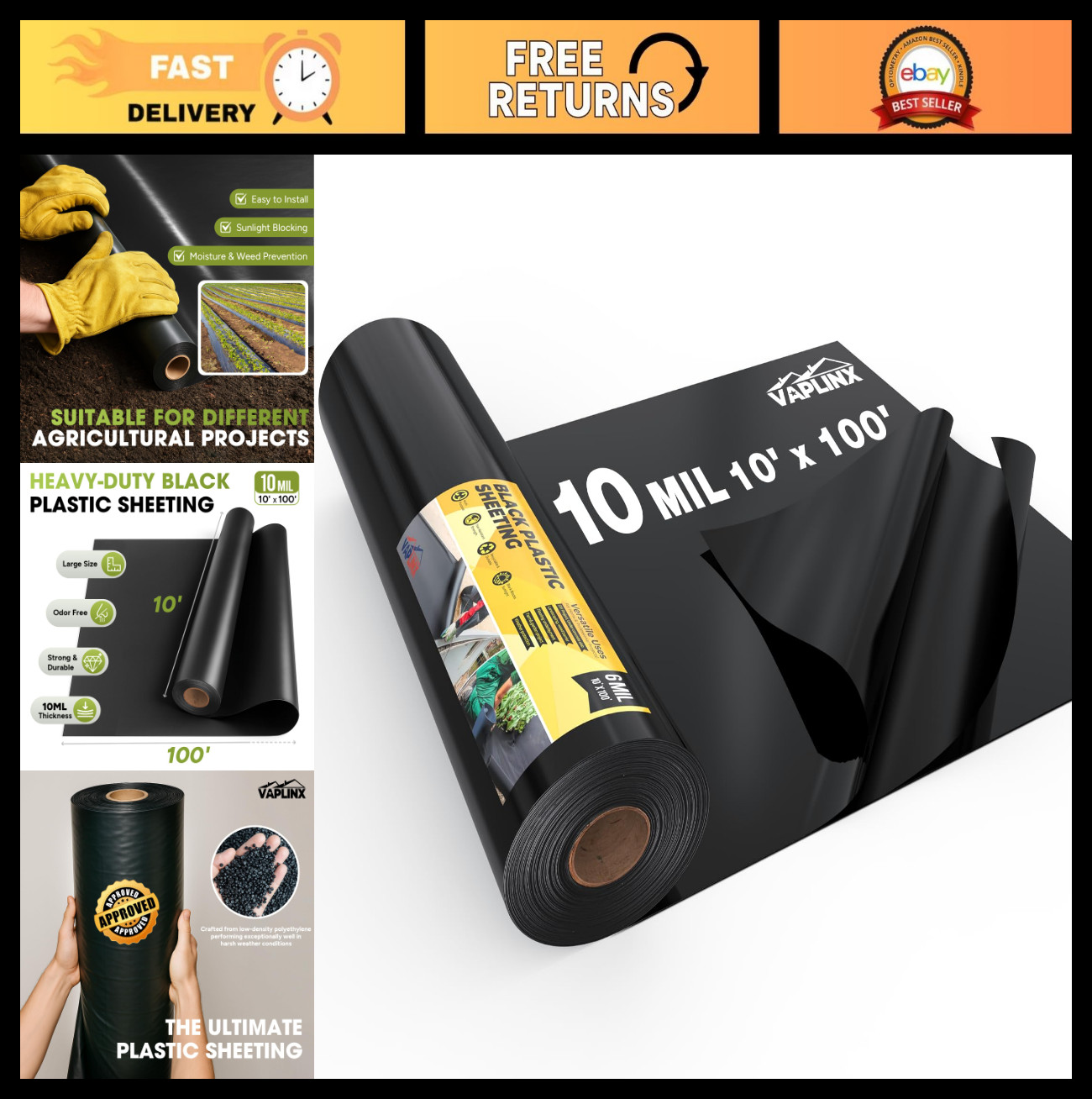 Heavy Duty 10 Mil Black Plastic Sheeting 10×100 FT – Vapor Barrier, Landscaping,