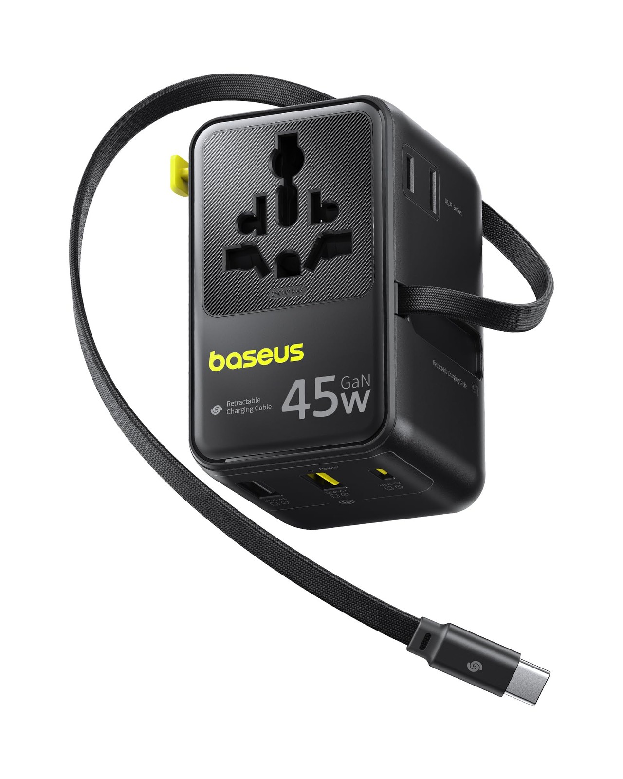 Baseus 45W European Travel Plug Adapter, 6-in-1 1x2x2.5 inches, Black