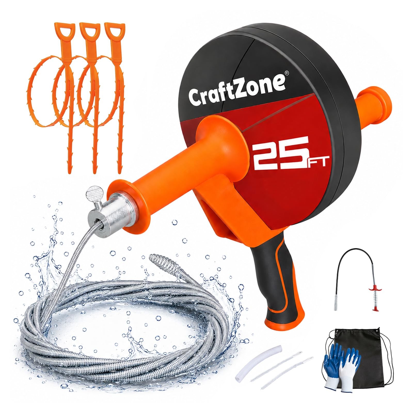 Drain Auger 25 Ft,Plumbing Snake With Drill Adapter,Pipe Clog Remover Orange