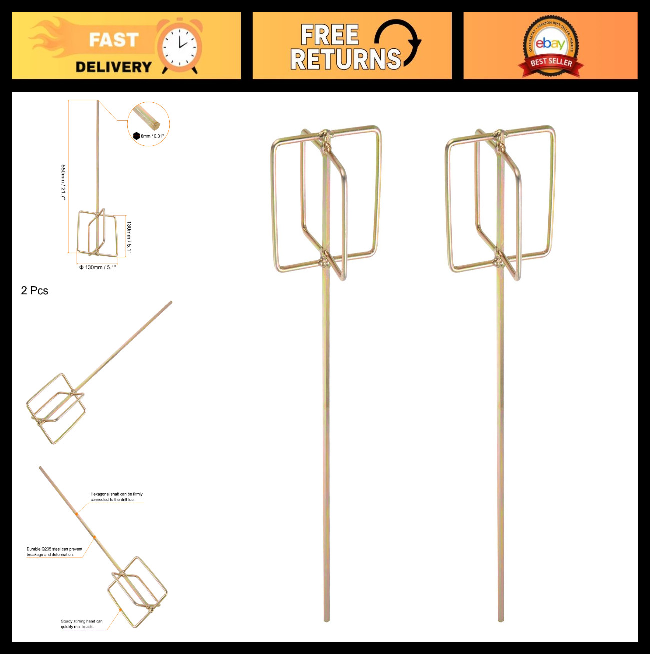 2pcs Paint Mixer Drill Attachment – 1-5 Gallon Bucket Stirrer Paddle for Paint,