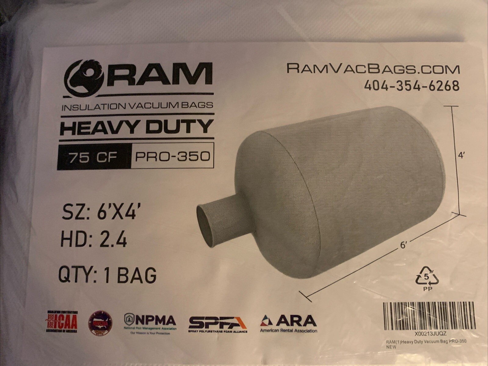 1 RAM HEAVY DUTY INSULATION VACUUM BAGS 6’x4′ 350lb / 75CF