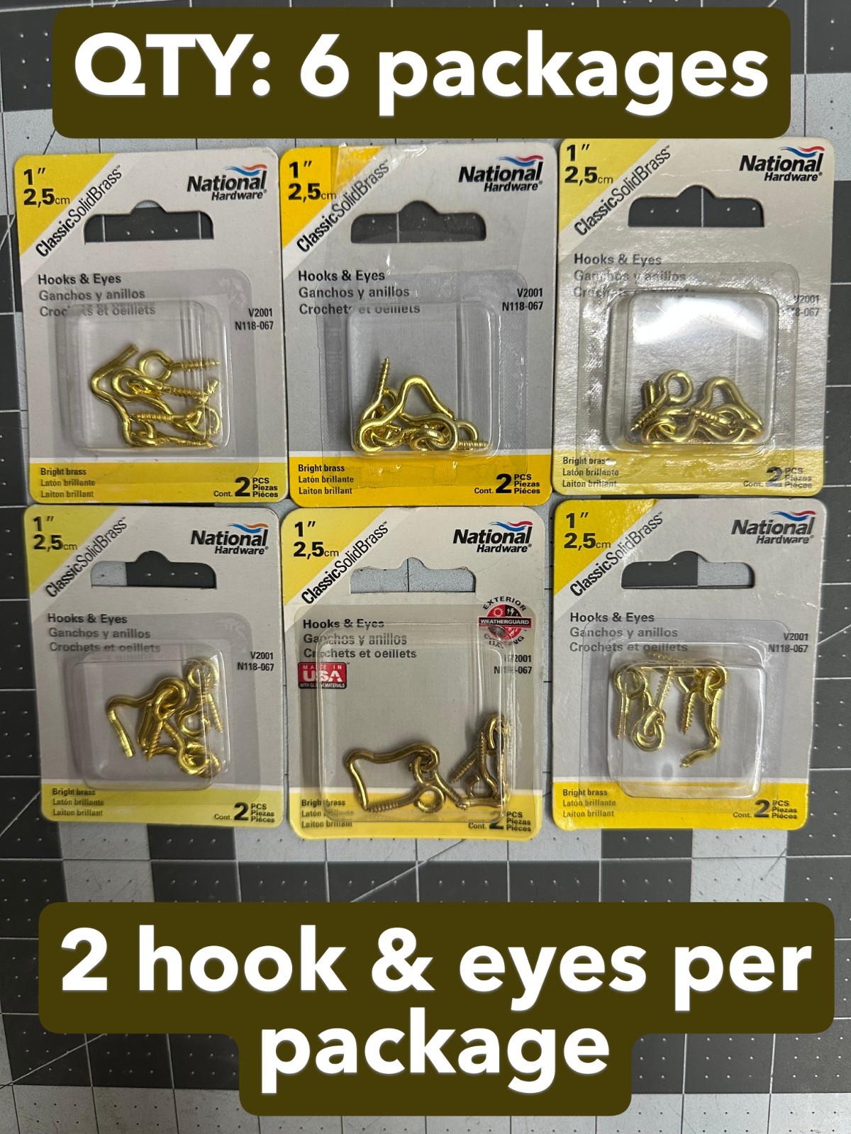 NOS 6-pack lot 2/PC National Hardware N118-067 hooks & eyes 1″ bright brass