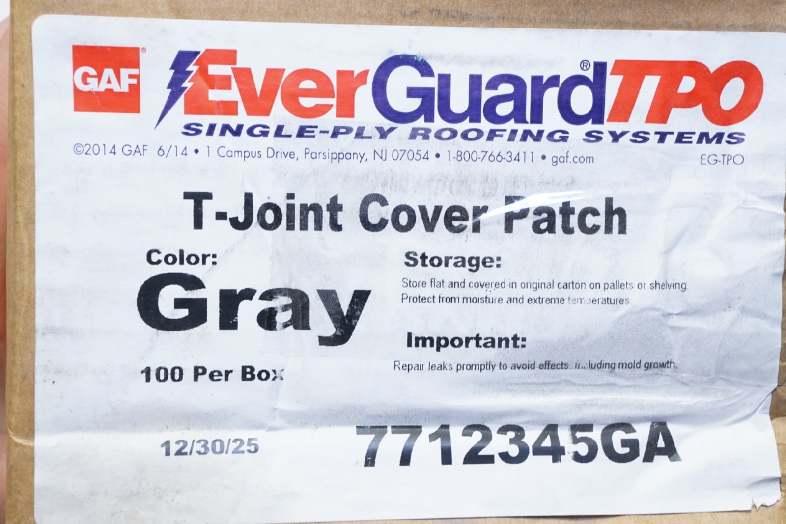 New Lot of 100 GAF TPO T-Joint Cover Patch 4-1/2″ Grey 7712345GA 0.04″ Thick