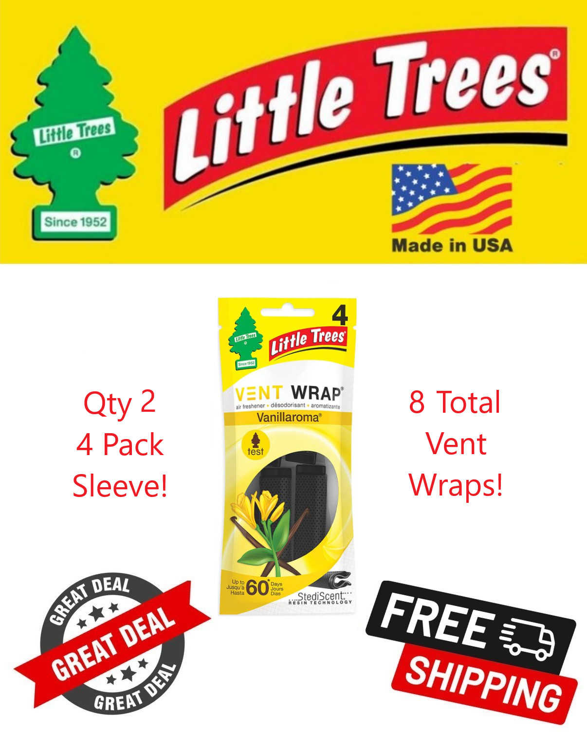 Little Trees Vent Wrap Vanillaroma Scent Air Freshener for Car & Home – 8 Pack!