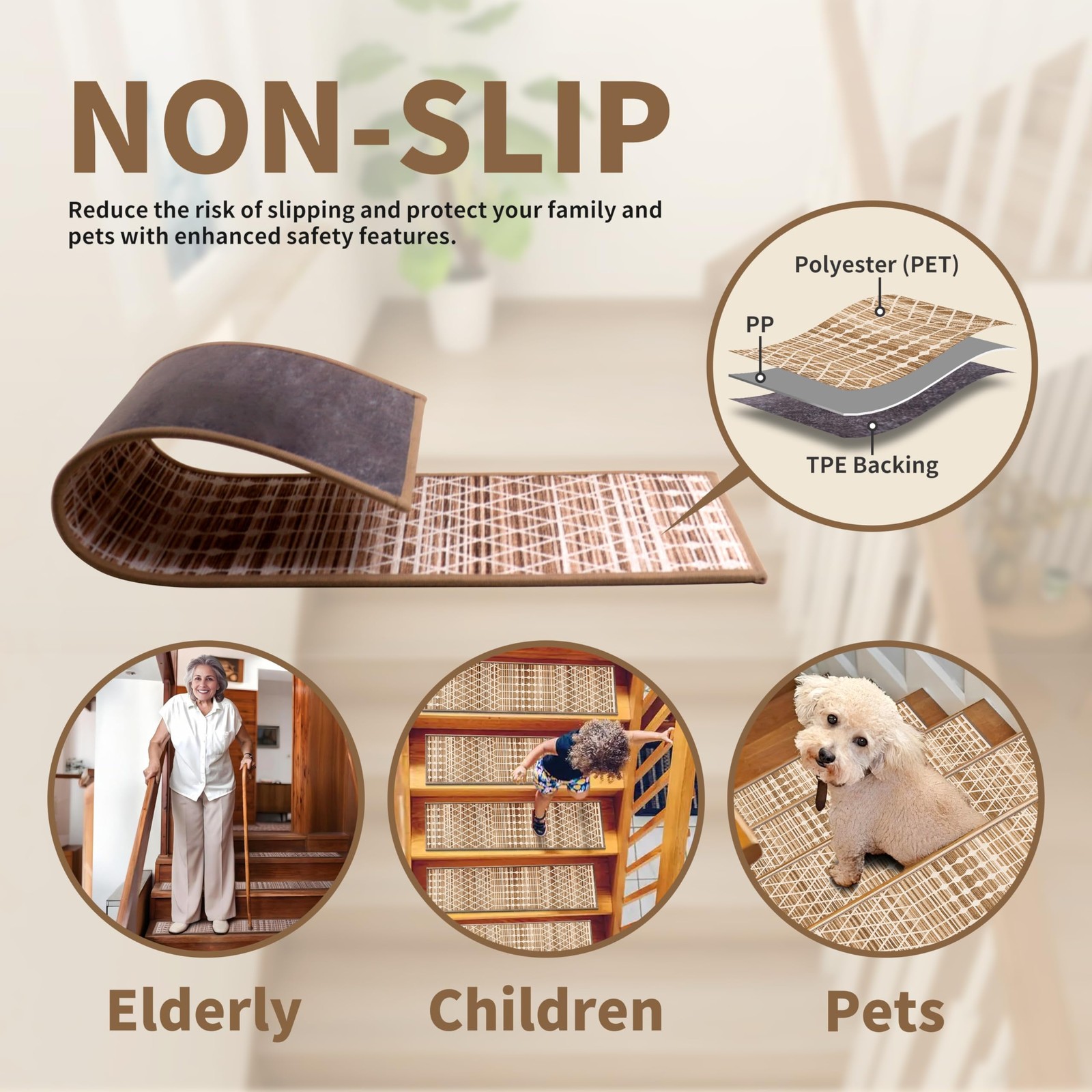 Non-Slip Carpet Stair Treads 1PCS, 30″x30″ Peel and Stick Stair Runner for Woode