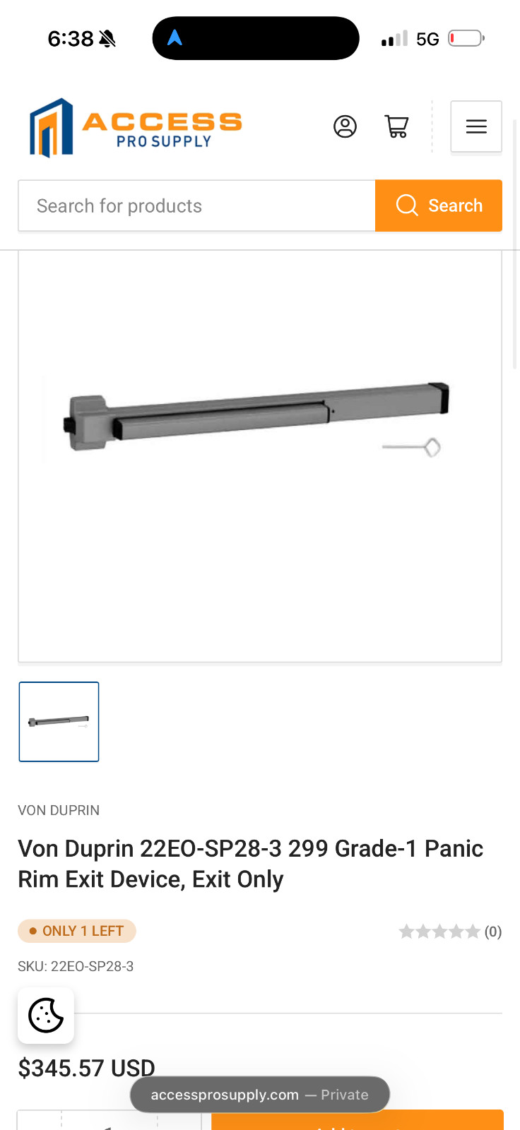 Von Duprin 22EO-SP28-3-299 Rim Exit Device Grade 1 Sprayed Alum New