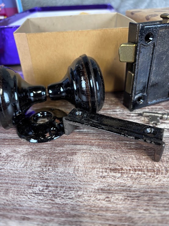 Vintage Horizontal Rim Lock Set Door Knob Jappanned Black Skeleton Key H0383-1D