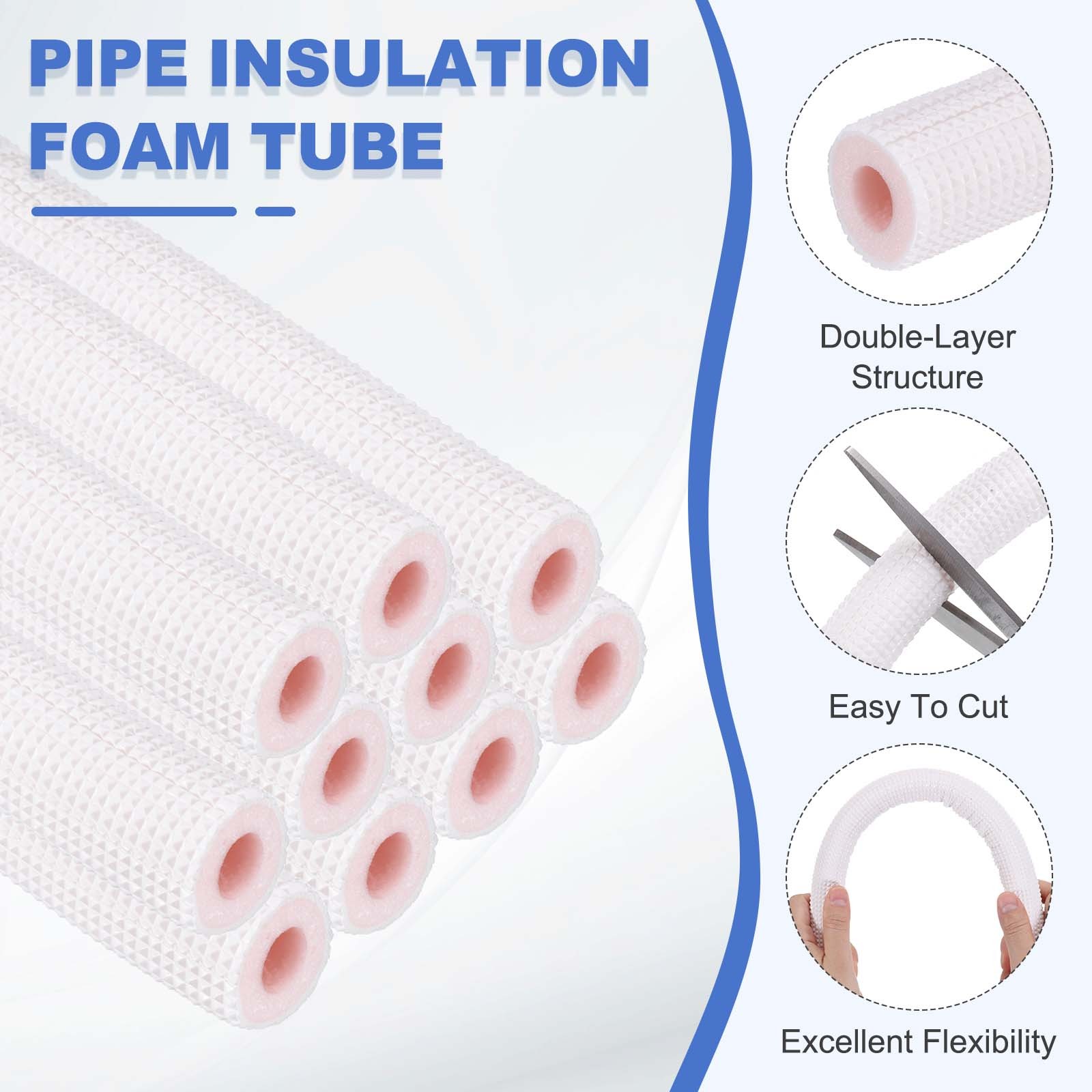 11ft Length White/Pink HVAC Copper Pipe Insulation Foam Tube 1/2″ ID Pipes