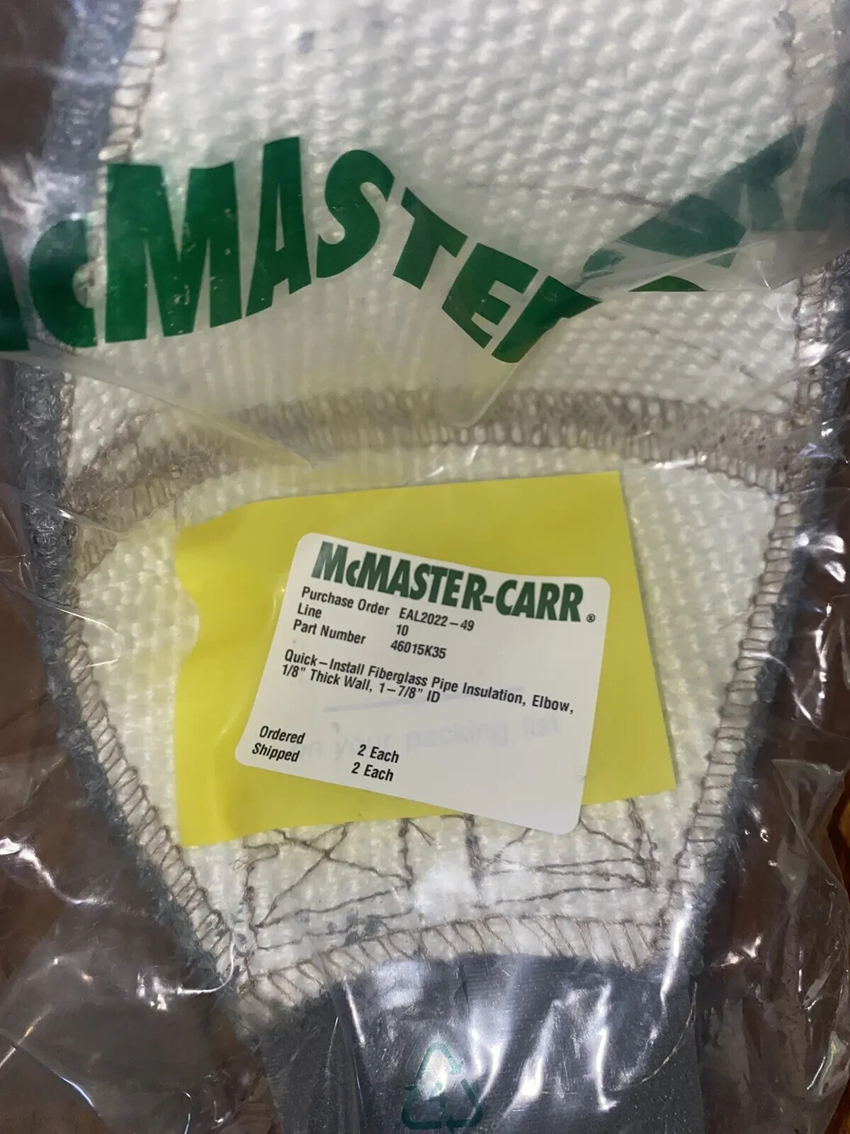McMaster Carr Quick Install Fiberglass Pipe Insulation Elbow 1/8″ Thick 1 7/8 ID