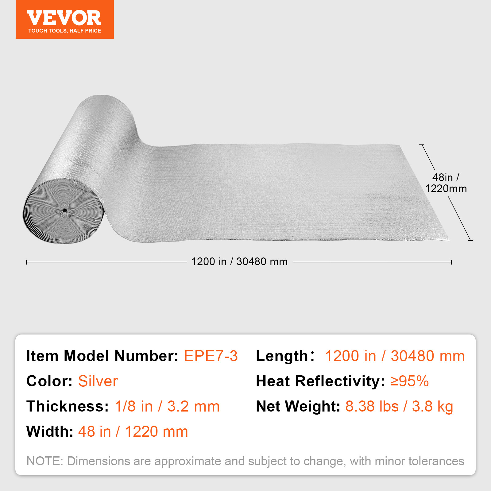 VEVOR Double Reflective Insulation Roll Foam Core Radiant Barrier 48in x 100 ft