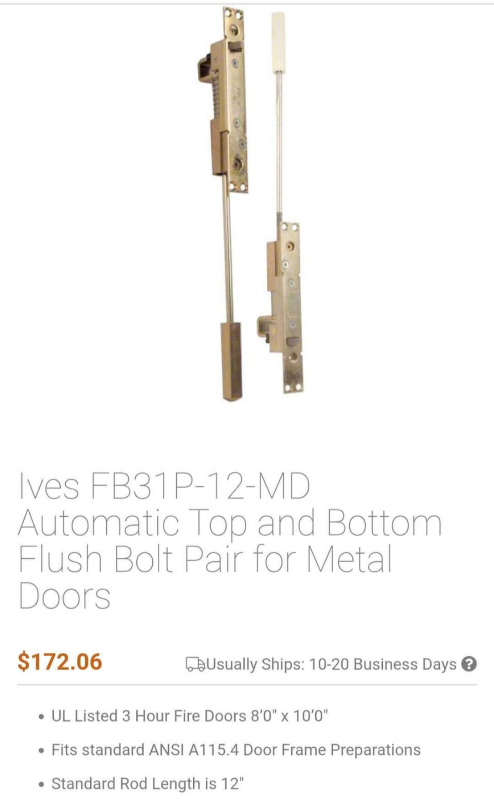 New Ives FB31P-12-MD US32D Automatic Flush Bolt Pair, Stainless Steel, 12in Rod