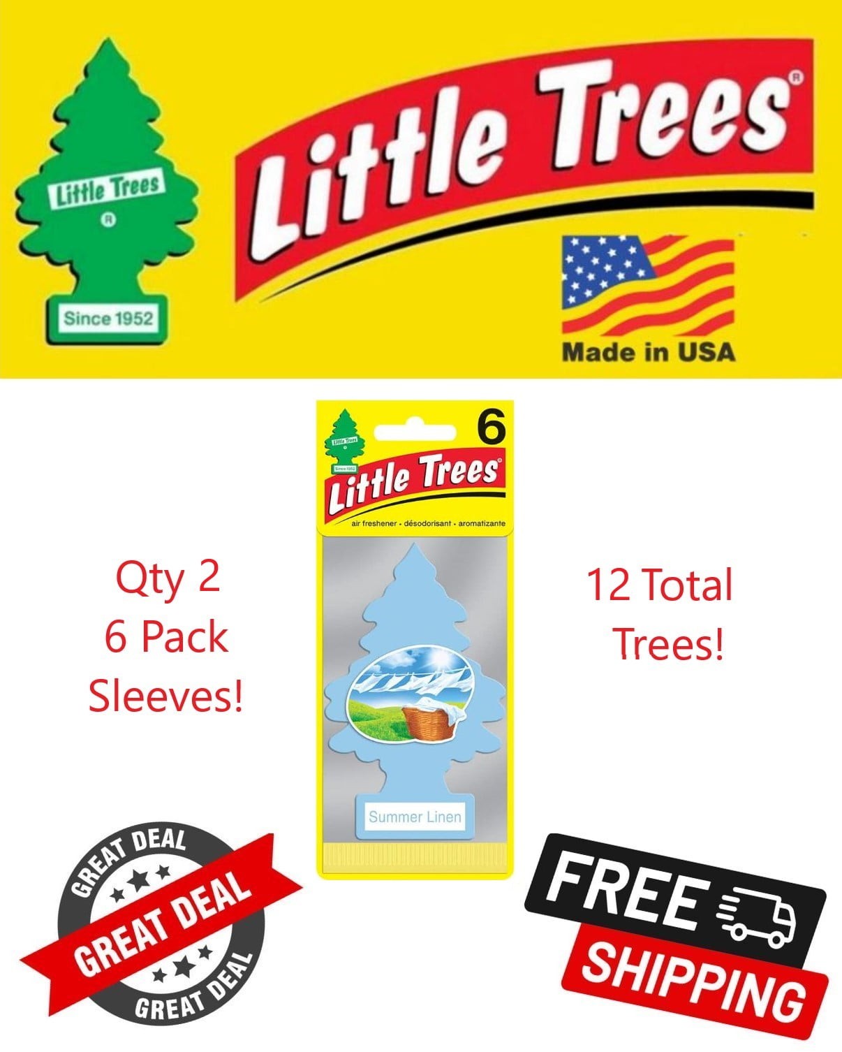 Little Trees 60574 Summer Linen Hanging Air Freshener for Car & Home 12 Pack!
