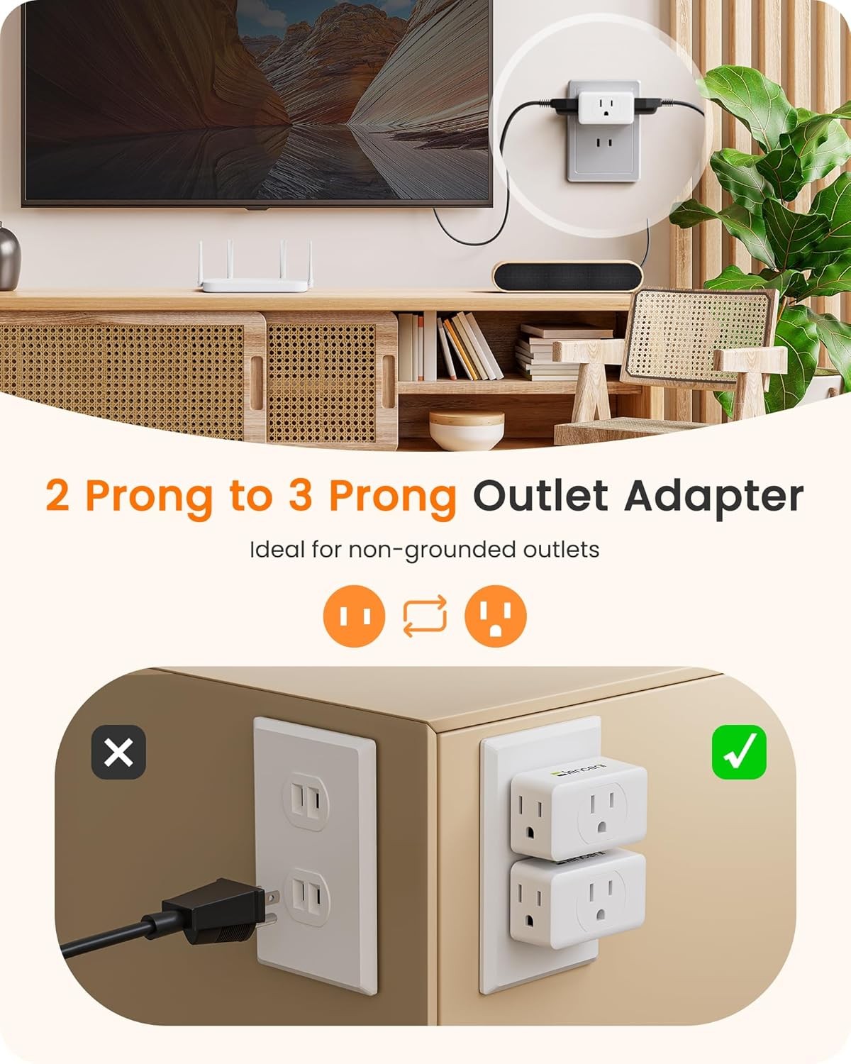 LENCENT 2 Prong to 3 Outlet Adapter,Wall Plug 2 Packs, White