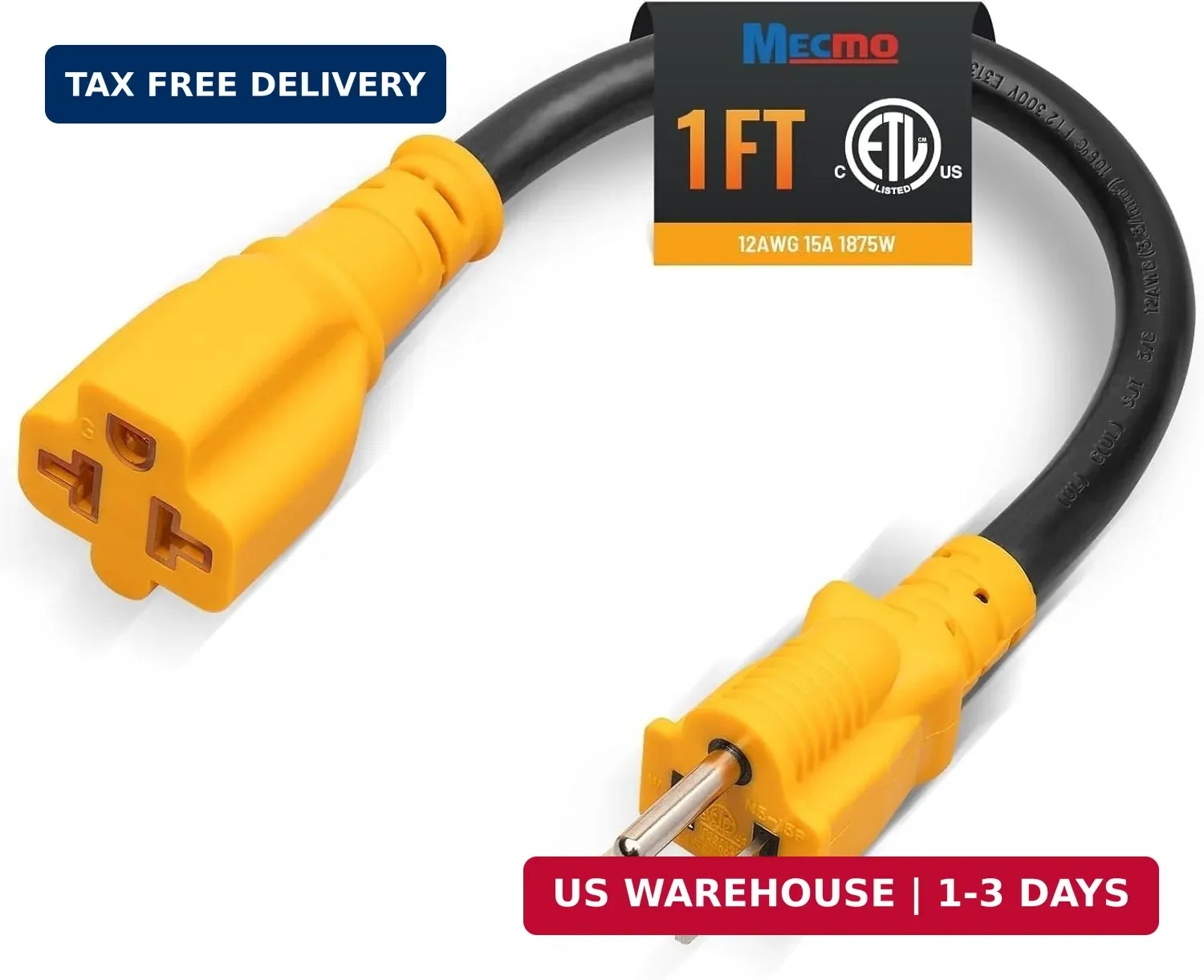 MECMO Outdoor 12 inch 15 Amp Household to 20 Amp AC Power Adapter Cable Waterpro