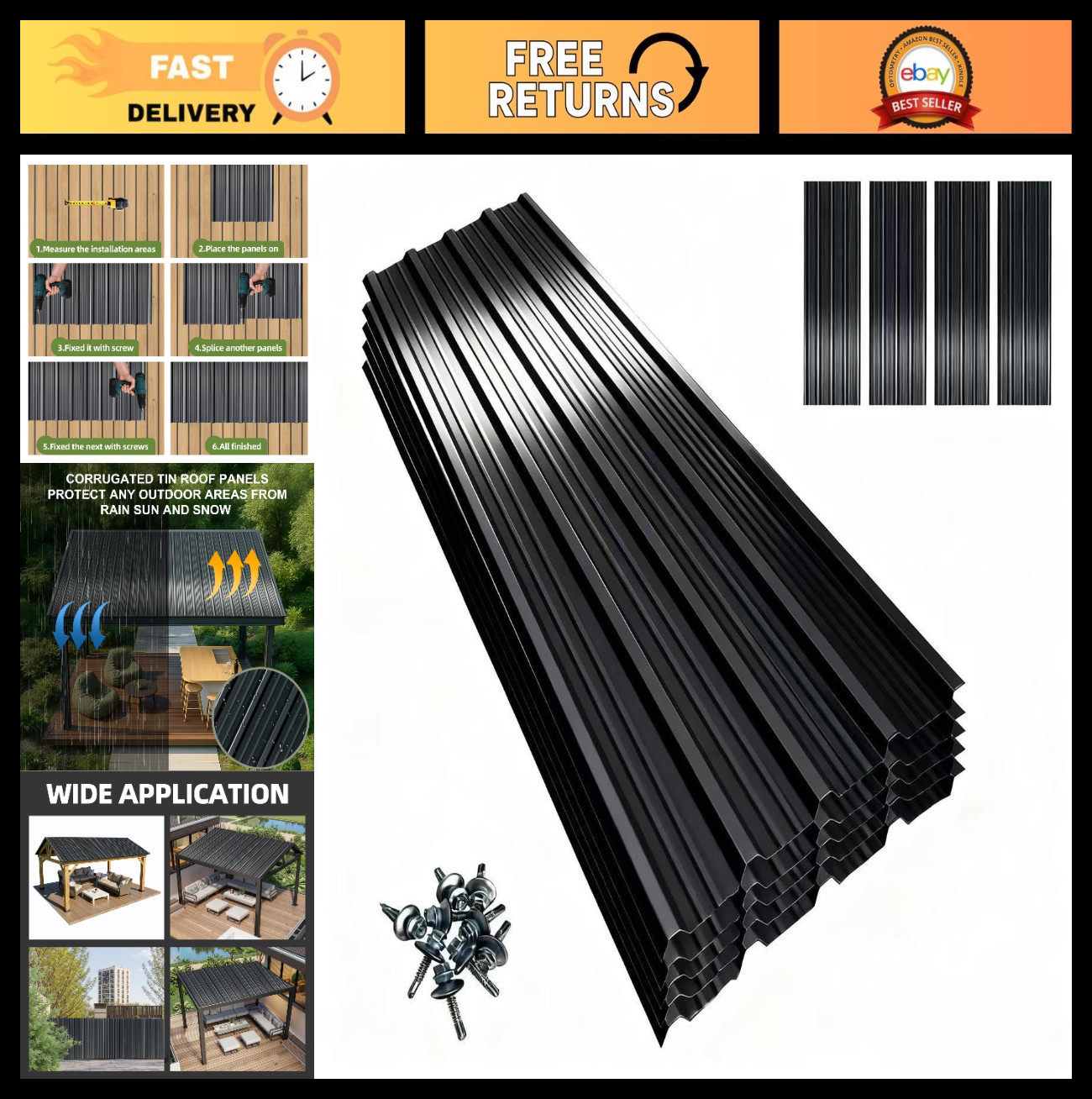 4 Pcs Corrugated Metal Roofing Panels 45.2″x17.72″ Galvanized Steel for Patio, G