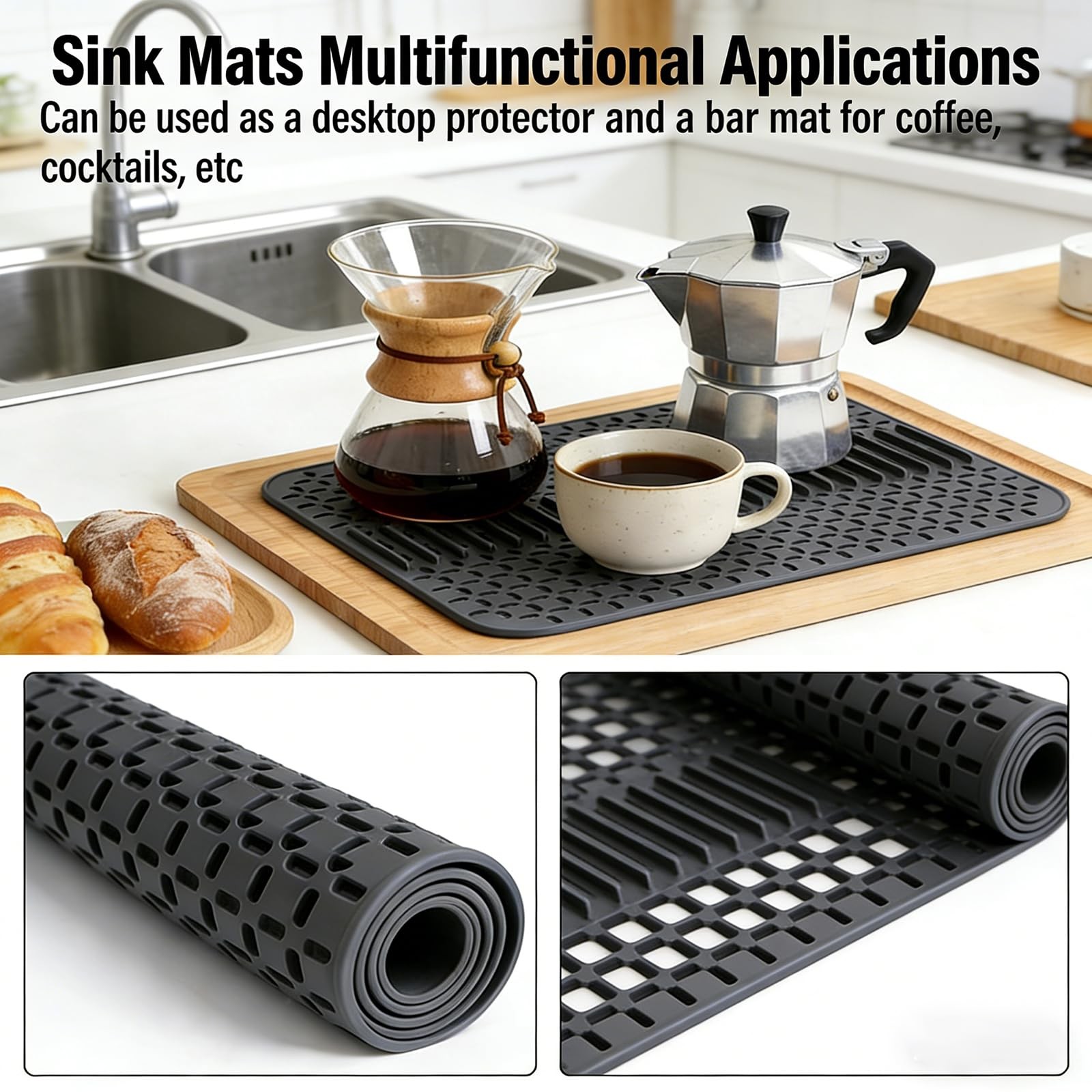 Eysbiy Silicone Sink Mat – 17×13, Non-Slip Kitchen Large, Type E-Grey