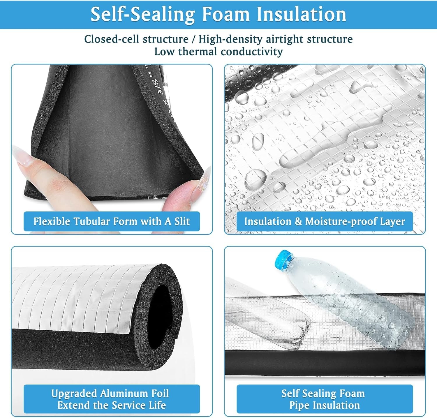 4 Pack Pipe Insulation Foam Tube, Self Adhesive Pre Slit AC Line Insulation Pipe