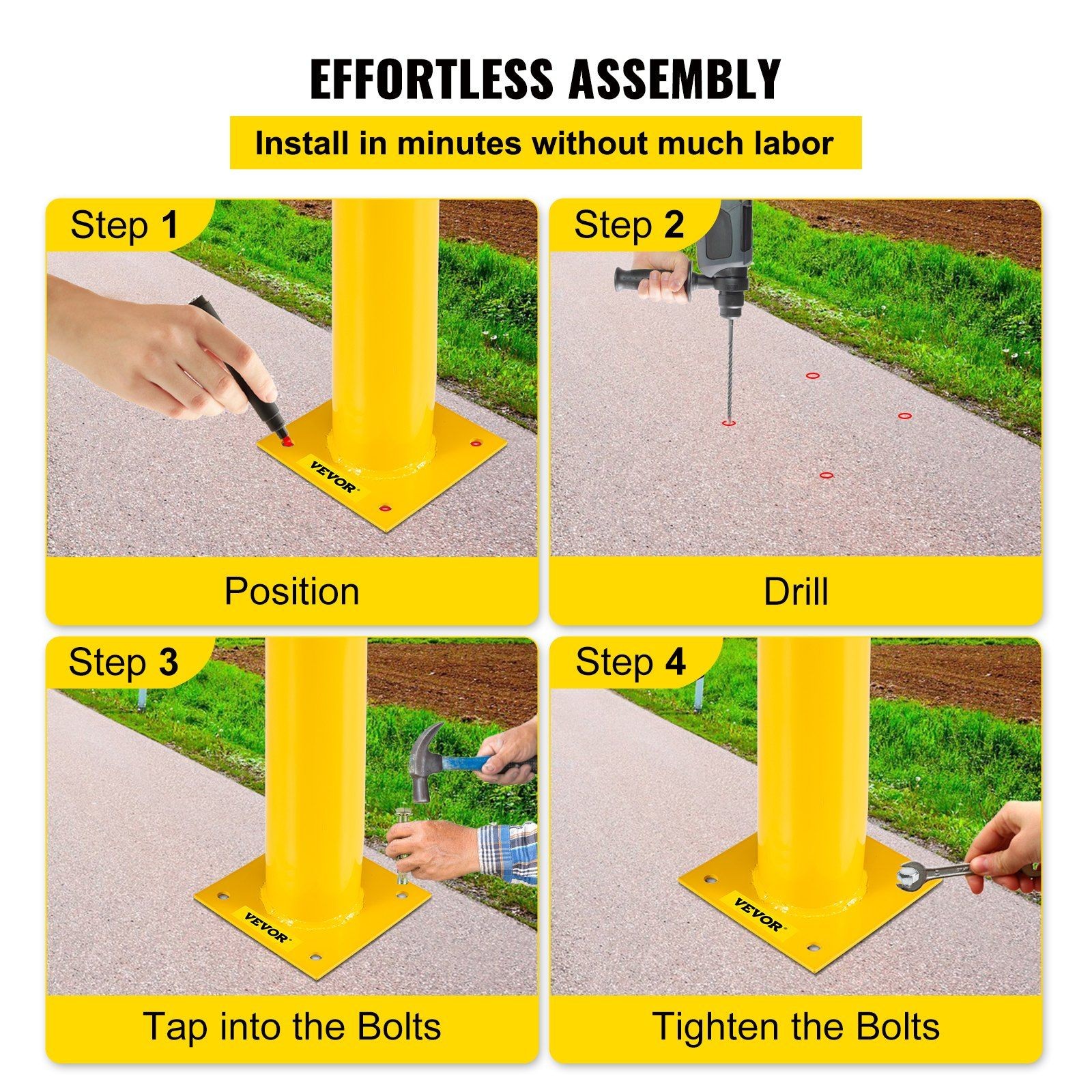 48in Impact-Resistant Steel Bollard 4.5in Diameter Black & Yellow