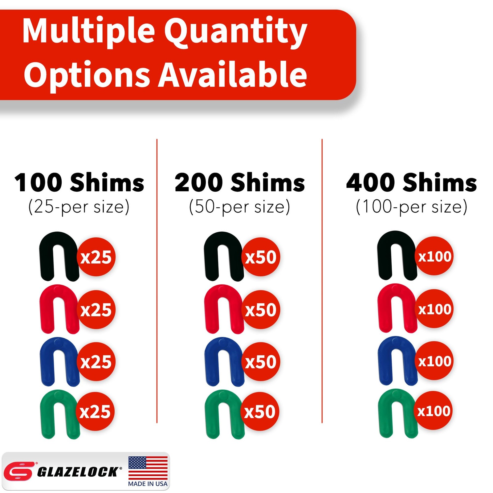 Glazelock Horseshoe Shims 1/4, 1/8, 1/16, 1/32 U Shape 400pc