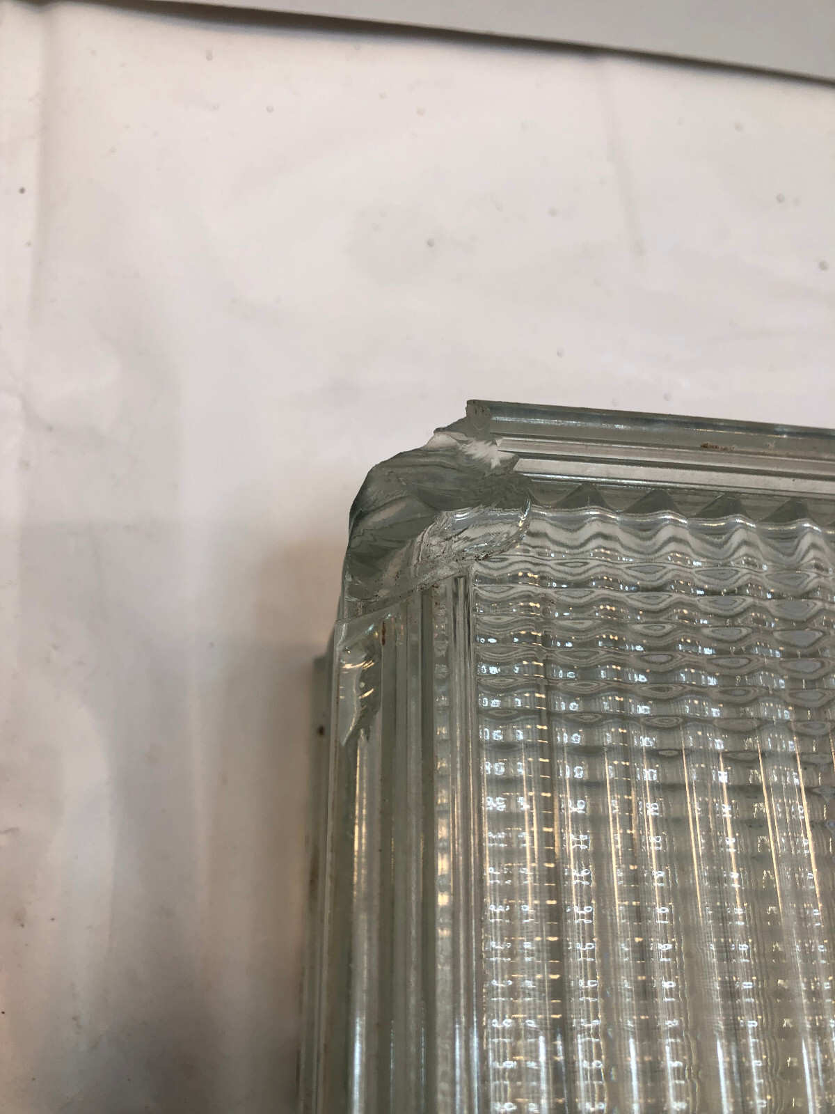 Vintage Glass Block 7-3/4″ x 7-3/4″ x 3-7/8 – Lines – Chipped Corner