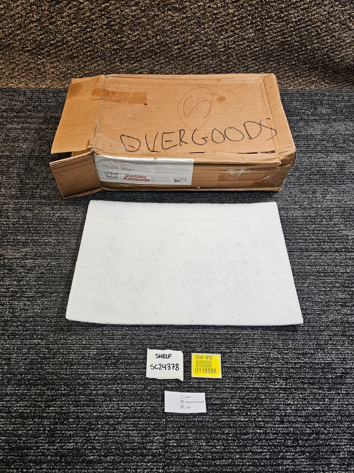(QTY 10) Virginia Abrasives 416-34187 12 inches x 18 inches Thinline Pad, White
