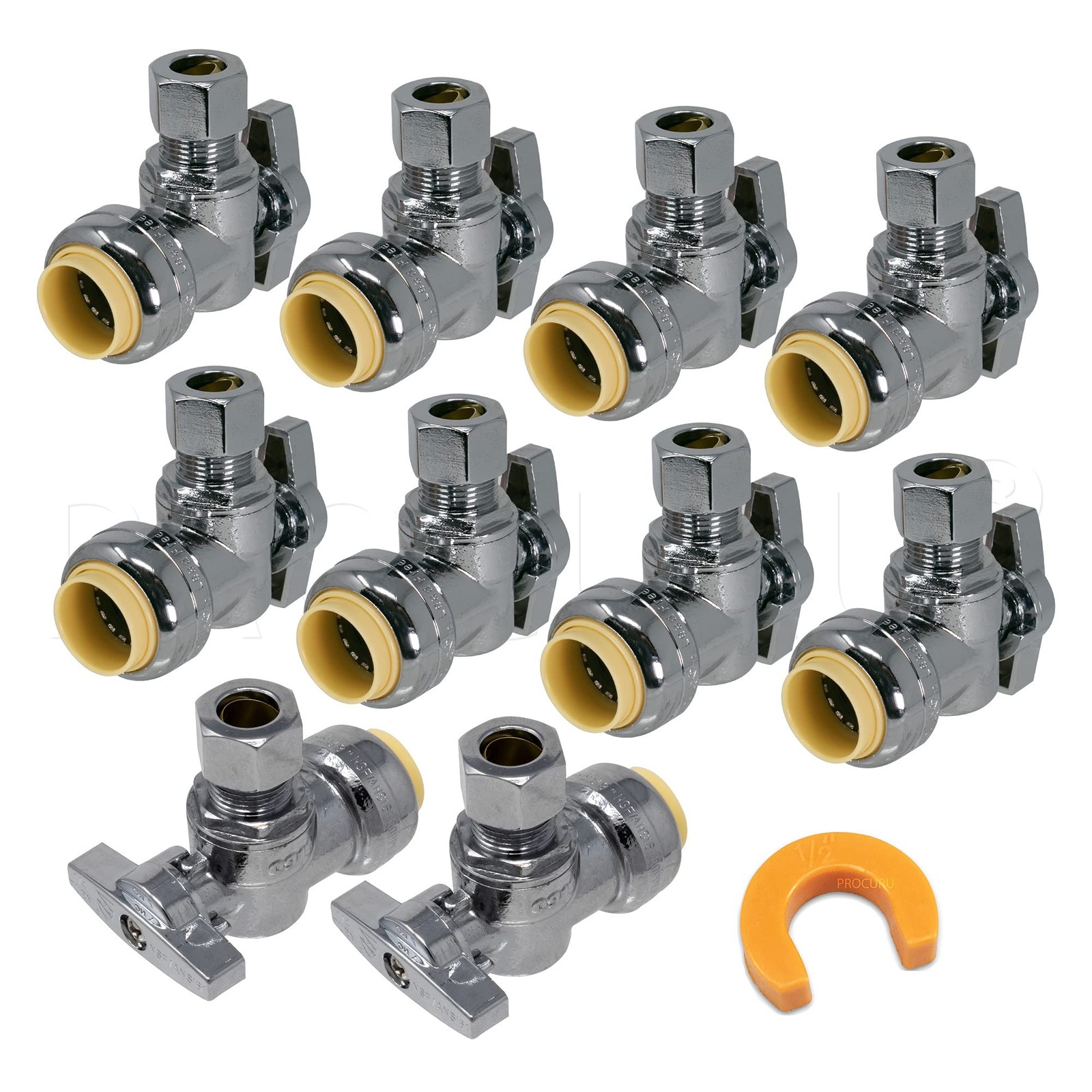 [10-Pack] PROCURU PushFit Angle Stop Valve 1/2″ 1.2 x 3.4 x 1.8 inches, Brass